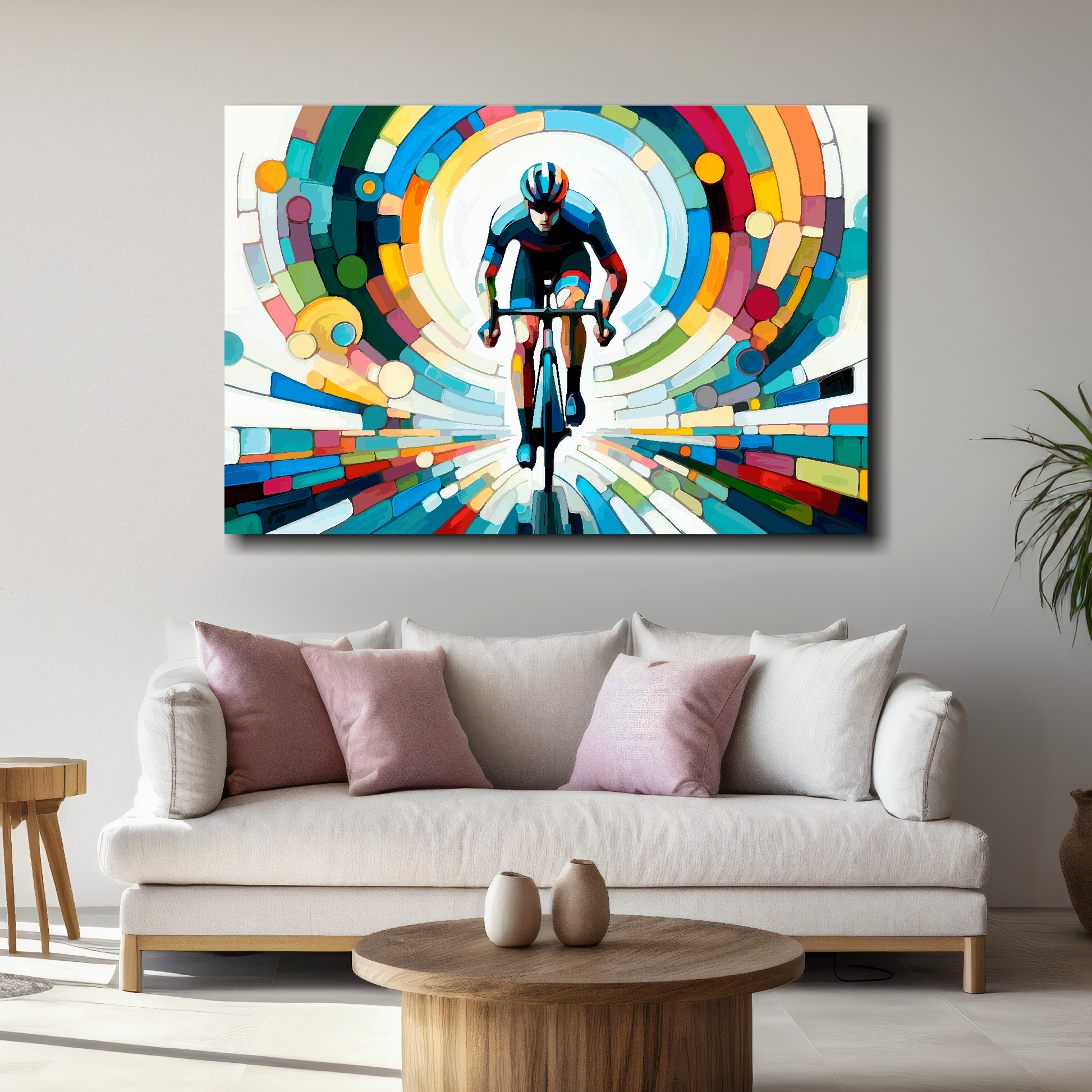 Colorful abstract painting of a cyclist on a wall above a sofa in a living room.