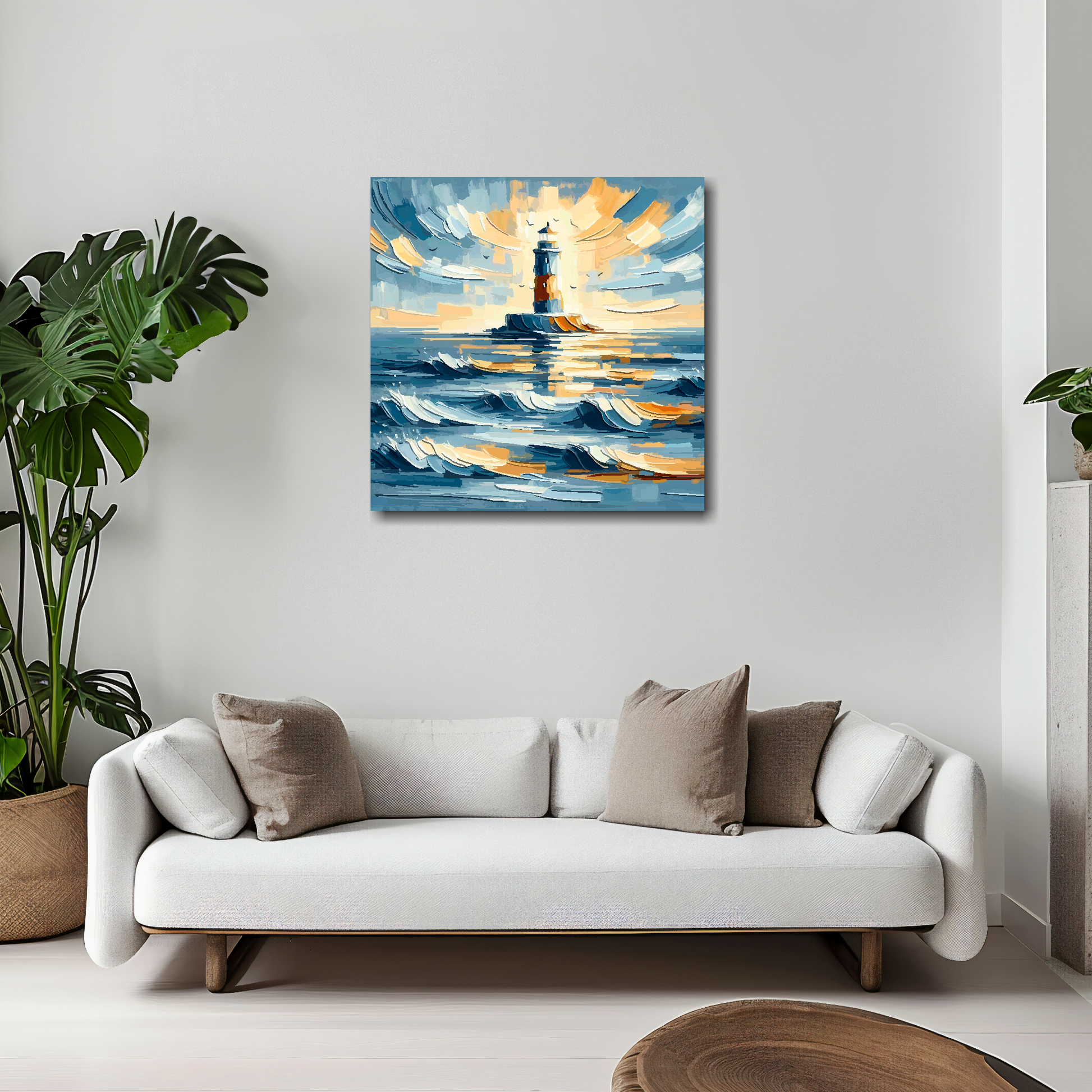 20 inch by 20 inch square canvas featuring an abstract lighthouse seascape. Mounted on a white wall above a white sofa with decorative pillows.