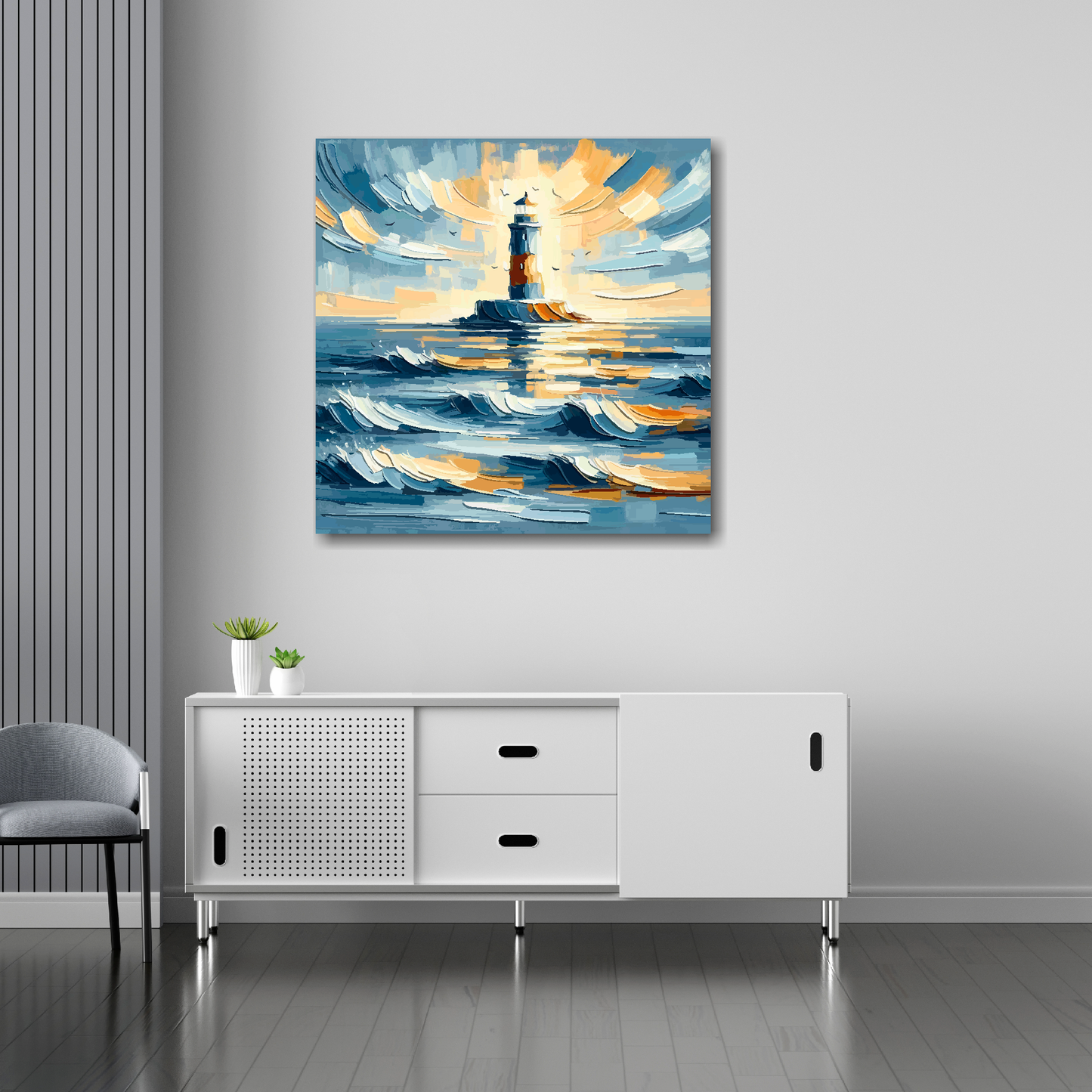 30 inch by 30 inch square canvas featuring an abstract lighthouse seascape. Mounted on a white wall above a white sideboard.