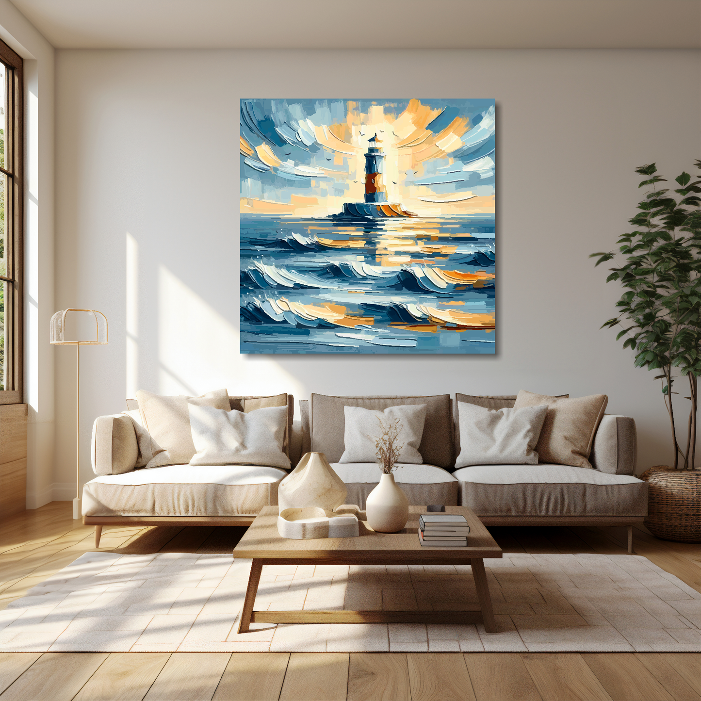 40 inch by 40 inch square canvas featuring an abstract lighthouse seascape. Mounted on a cream wall above a cream sofa with decorative pillows.
