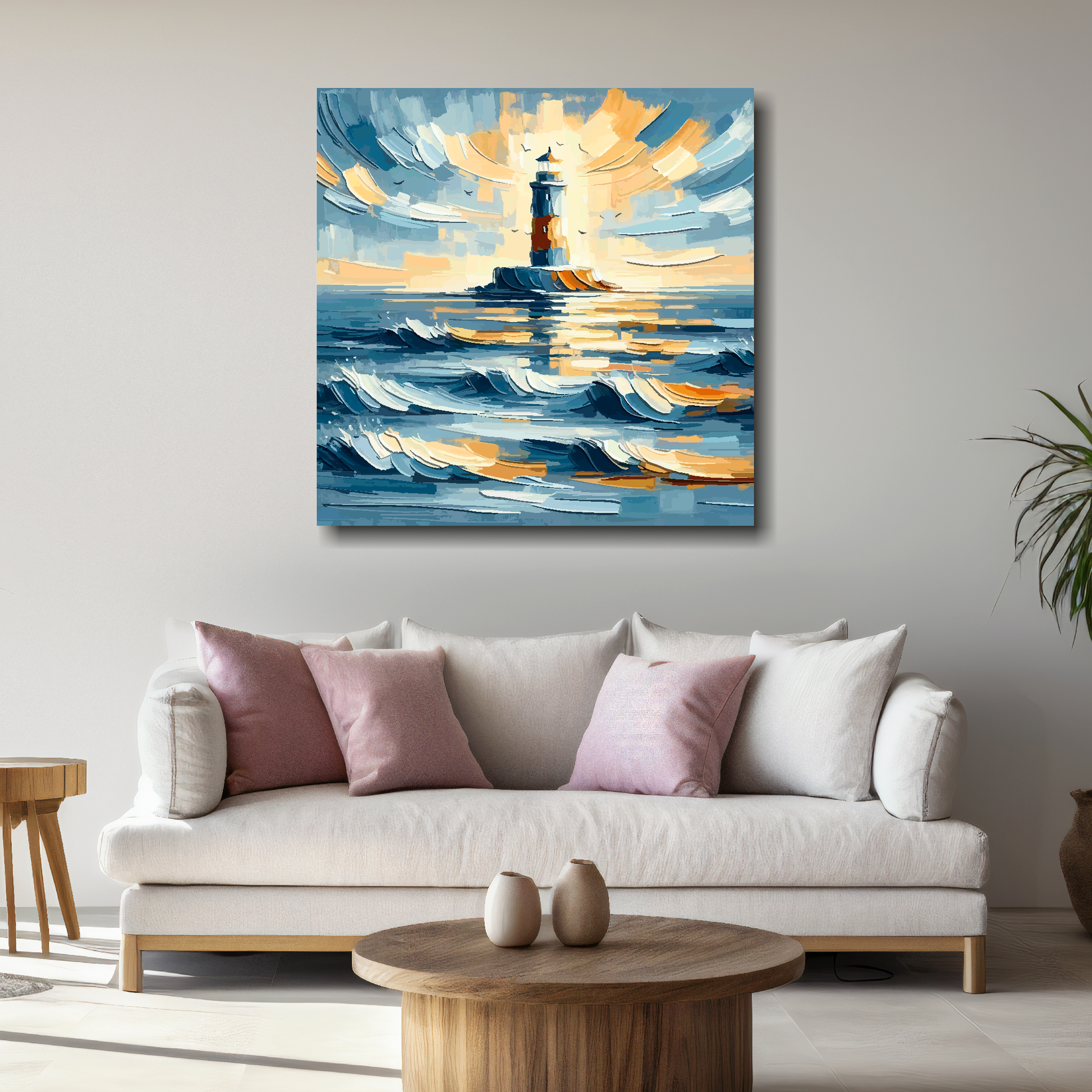 Large canvas wall art - Abstract Lighthouse ocean scene, moody vibes, Available in 3 large sizes.