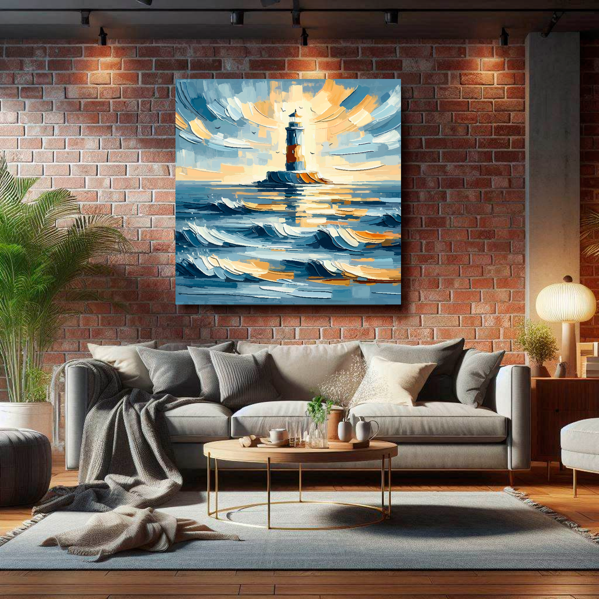 Large canvas wall art - Abstract Lighthouse ocean scene, moody vibes, Available in 3 large sizes.