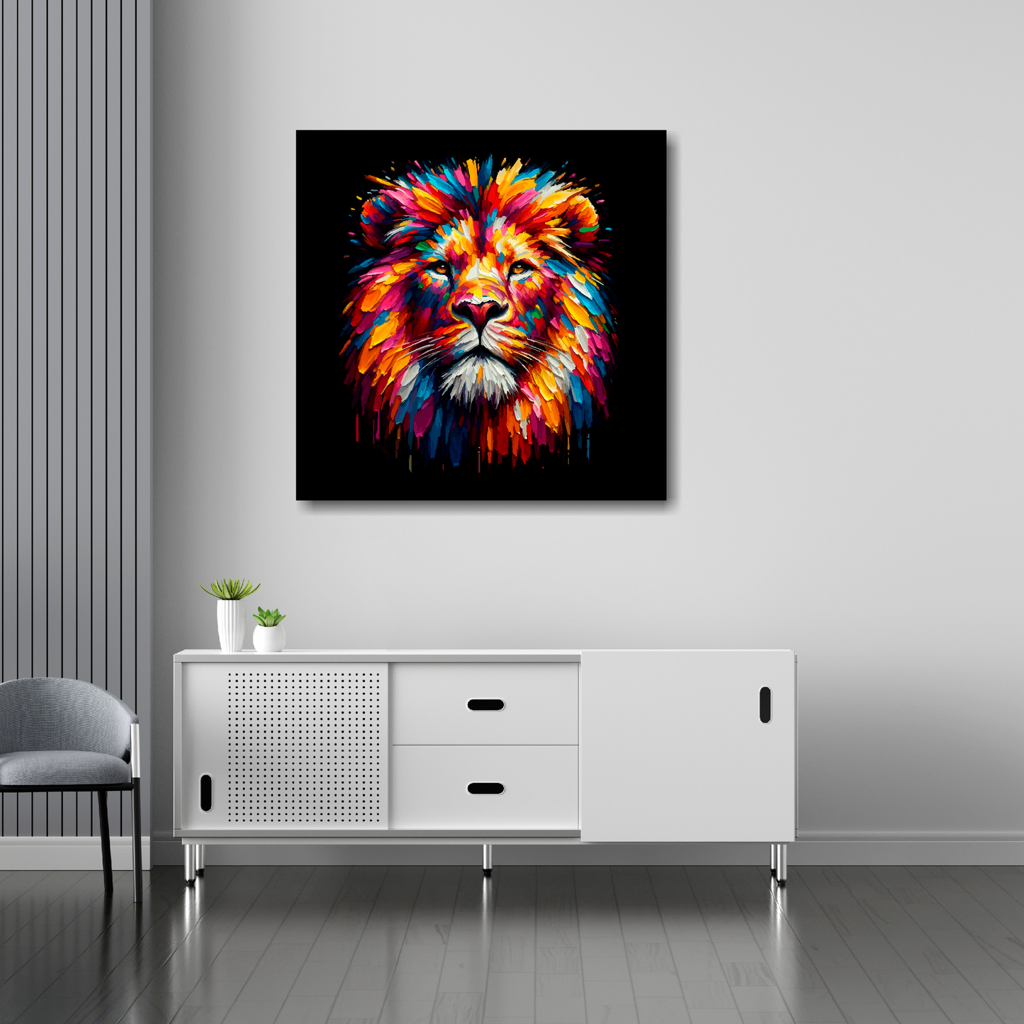 30 inch by 30 inch square canvas of a colourful Lion head portrait on a black background. Mounted on a white wall above a white sideboard.