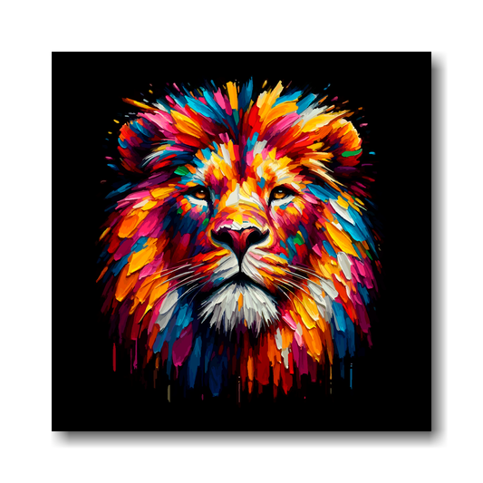 Large canvas wall art - A vibrant multi-coloured head portrait of a Lion. Available in 3 large sizes.