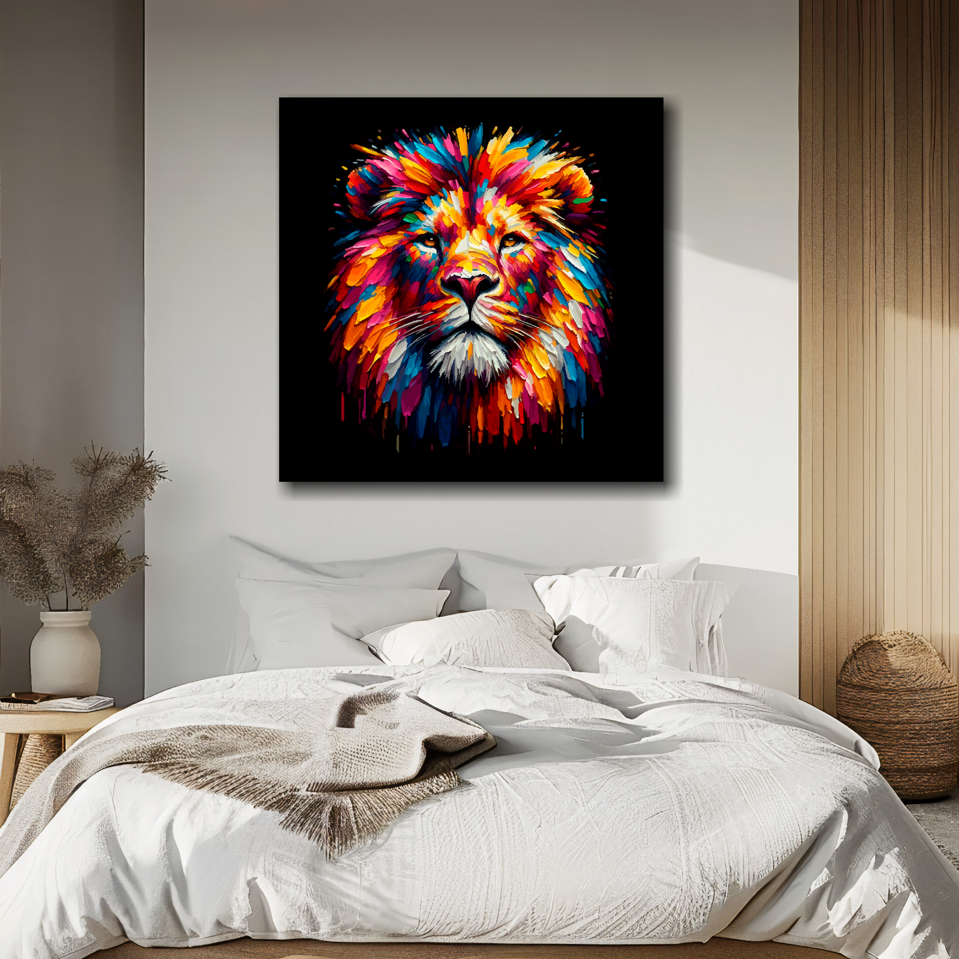 Large canvas wall art - A vibrant multi-coloured head portrait of a Lion. Available in 3 large sizes.