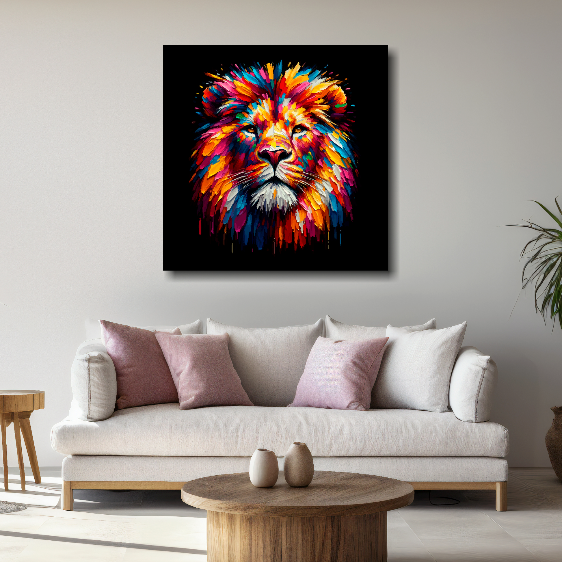 Large canvas wall art - A vibrant multi-coloured head portrait of a Lion. Available in 3 large sizes.
