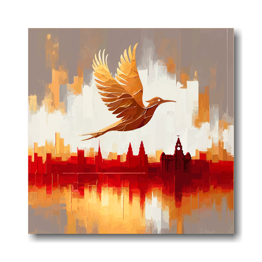Gold Liverbird on a red and white abstract background