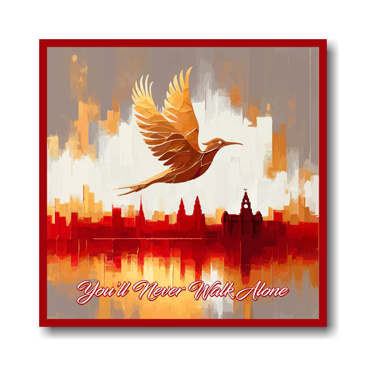 Liverpool FC inspired canvas, featuring a Liver bird flying over a Liverpool skyline with the words 'You'll Never Walk Alone' in red and white.