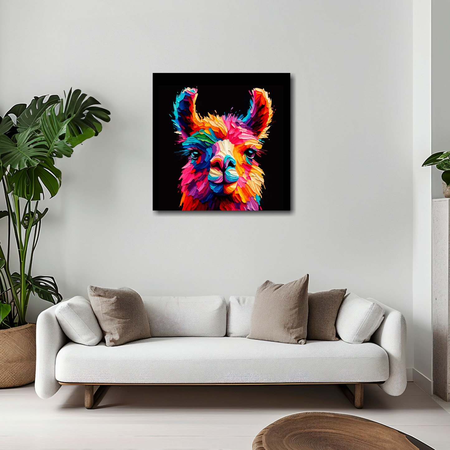 20 inch by 20 inch square canvas of a colouful Llama head portrait on a black background. Mounted on a white wall above a white sofa with decorative pillows.