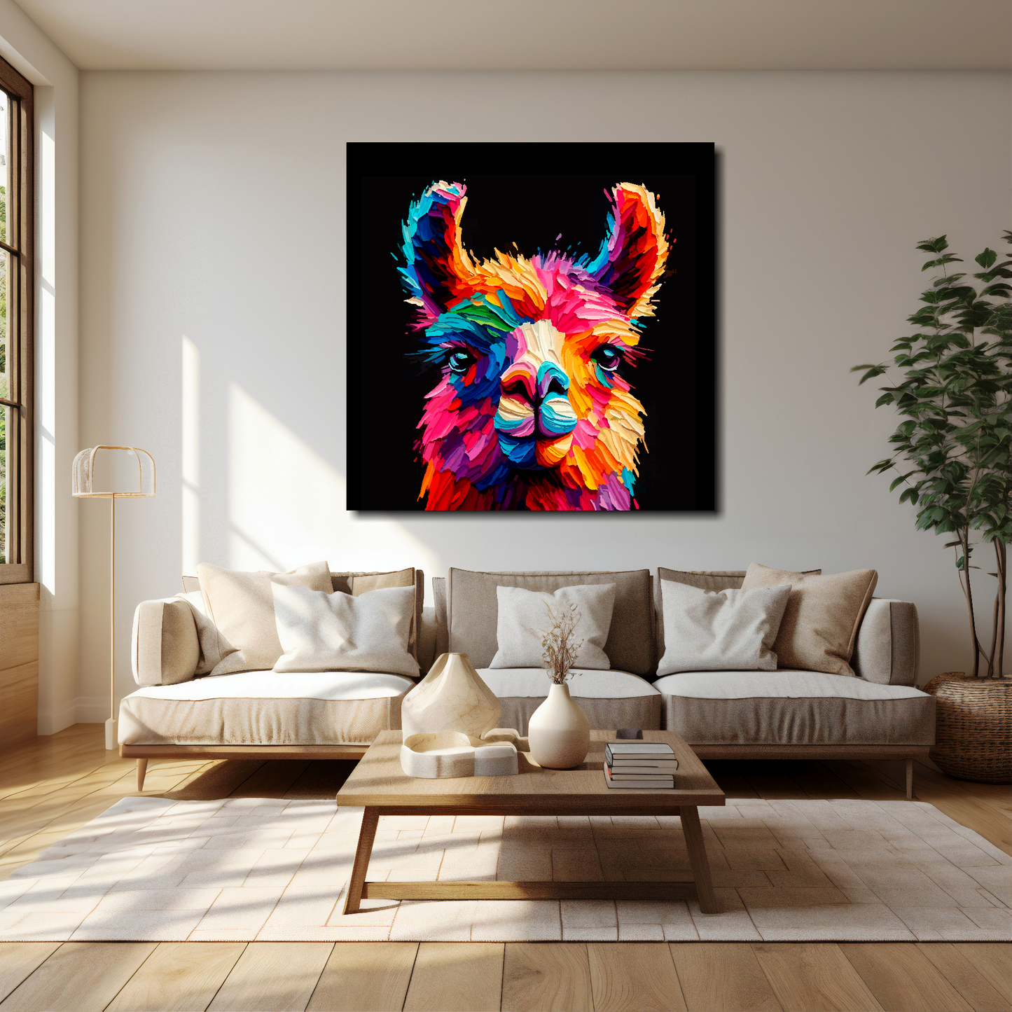 40 inch by 40 inch square canvas of a colouful Llama head portrait on a black background. Mounted on a white wall above a cream sofa with decorative pillows.