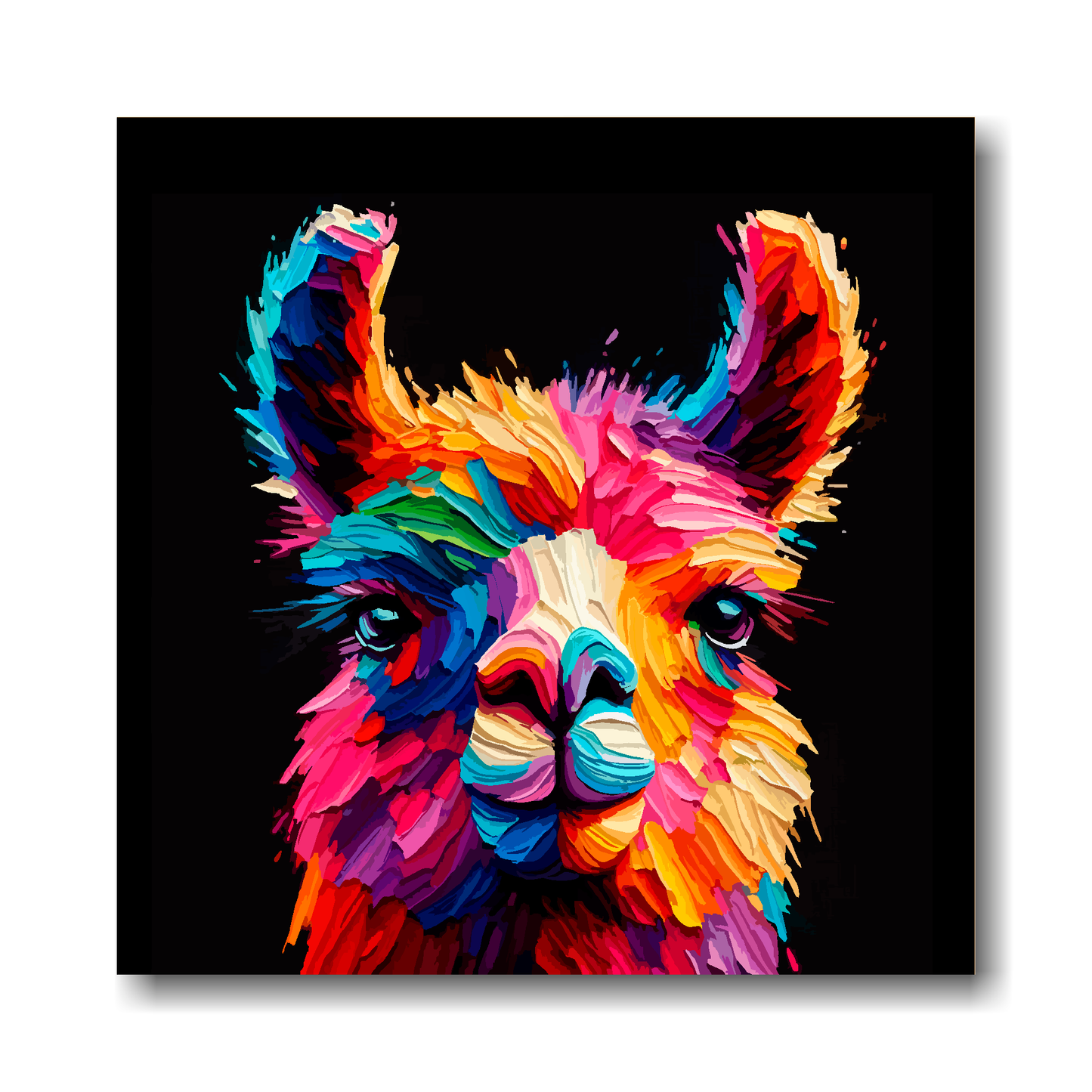 Large canvas wall art - Colourful Llama portrait on a black background. Available in 3 large sizes.