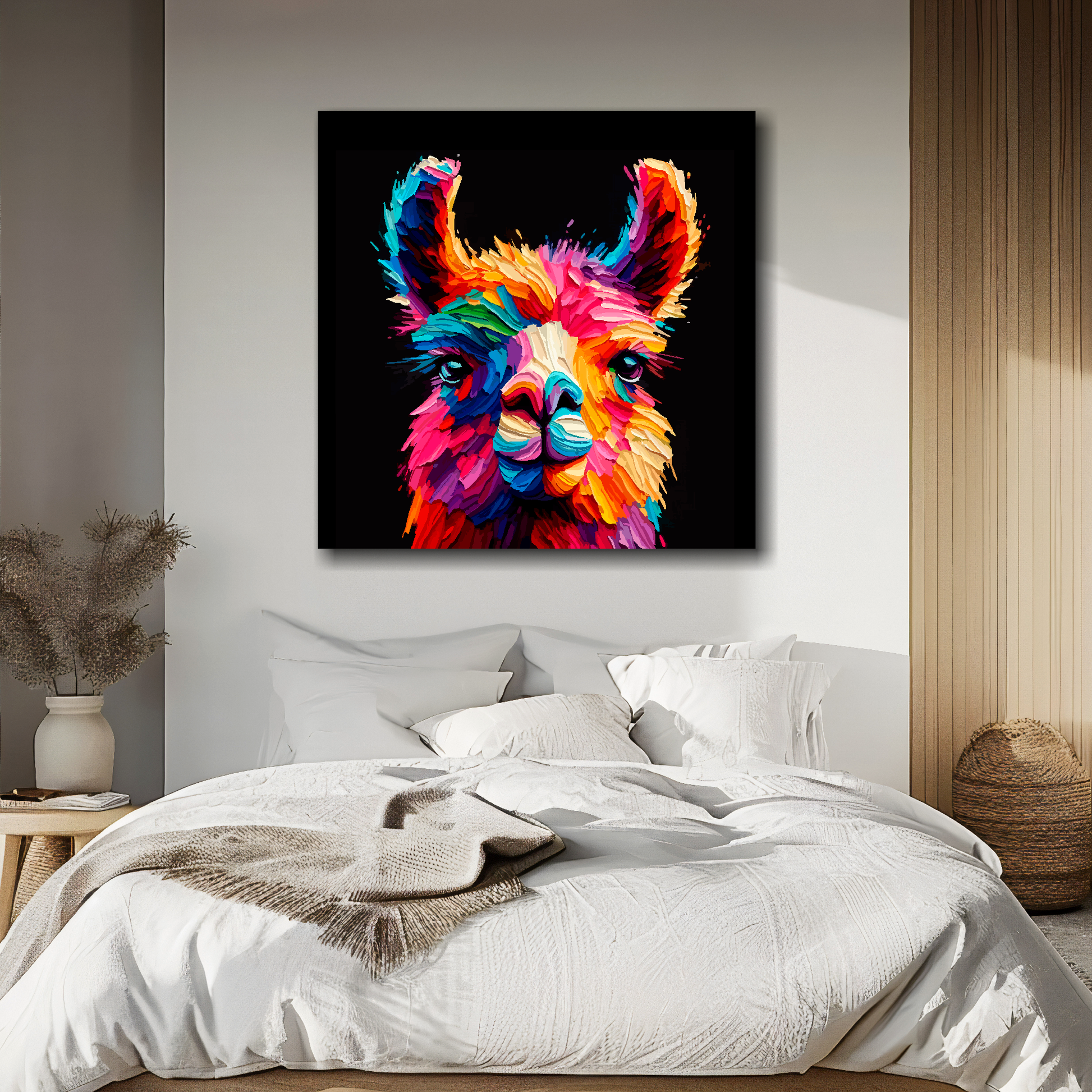 Large canvas wall art - Colourful Llama portrait on a black background. Available in 3 large sizes.