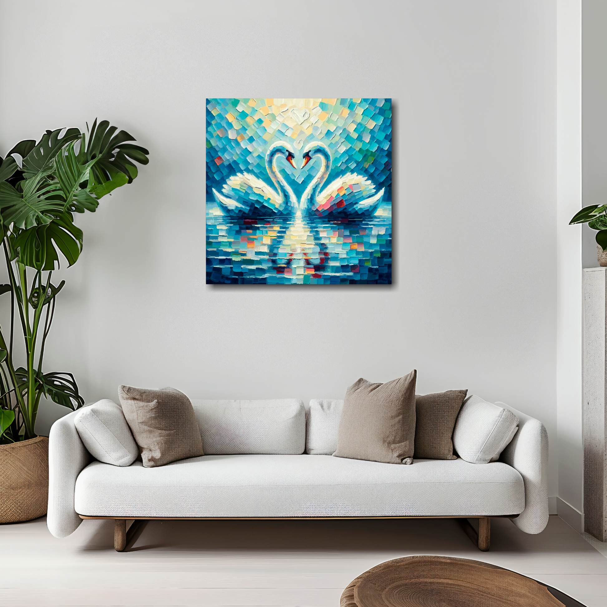 20 inch by 20 inch square canvas featuring two swans in love. Mounted on a white wall above a white sofa with decorative pillows.