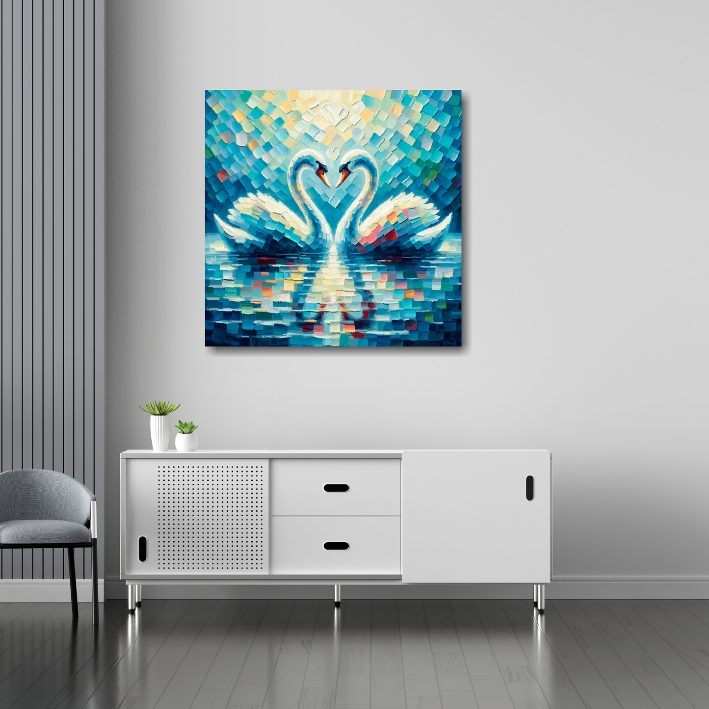 30 inch by 30 inch square canvas featuring two swans in love. Mounted on a white wall above a white sideboard.