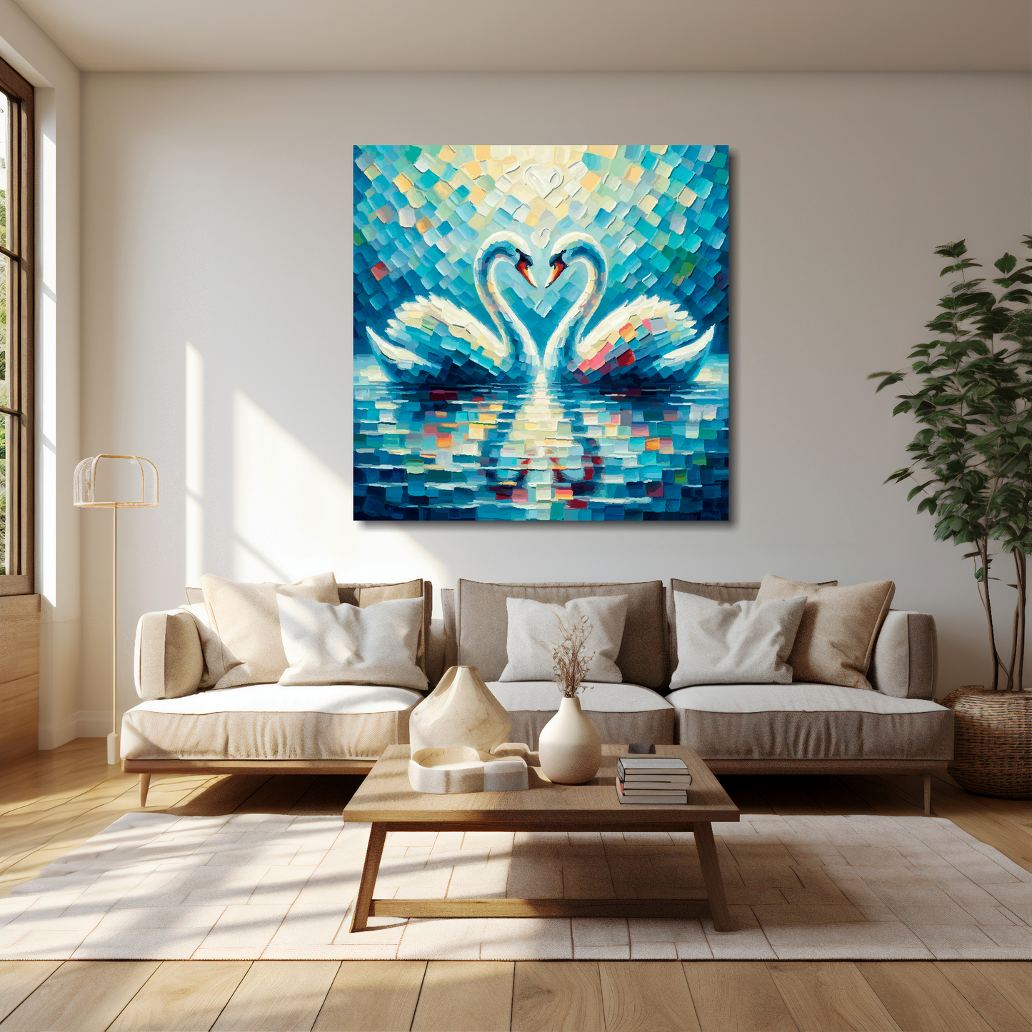 40 inch by 40 inch square canvas featuring two swans in love. Mounted on a cream wall above a cream sofa with decorative pillows.
