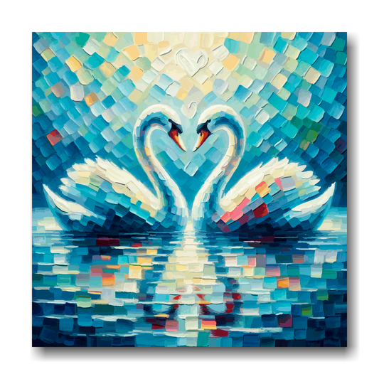Large canvas wall art - A vibrant multi-coloured painting of two Swans in Love. Available in 3 large sizes.