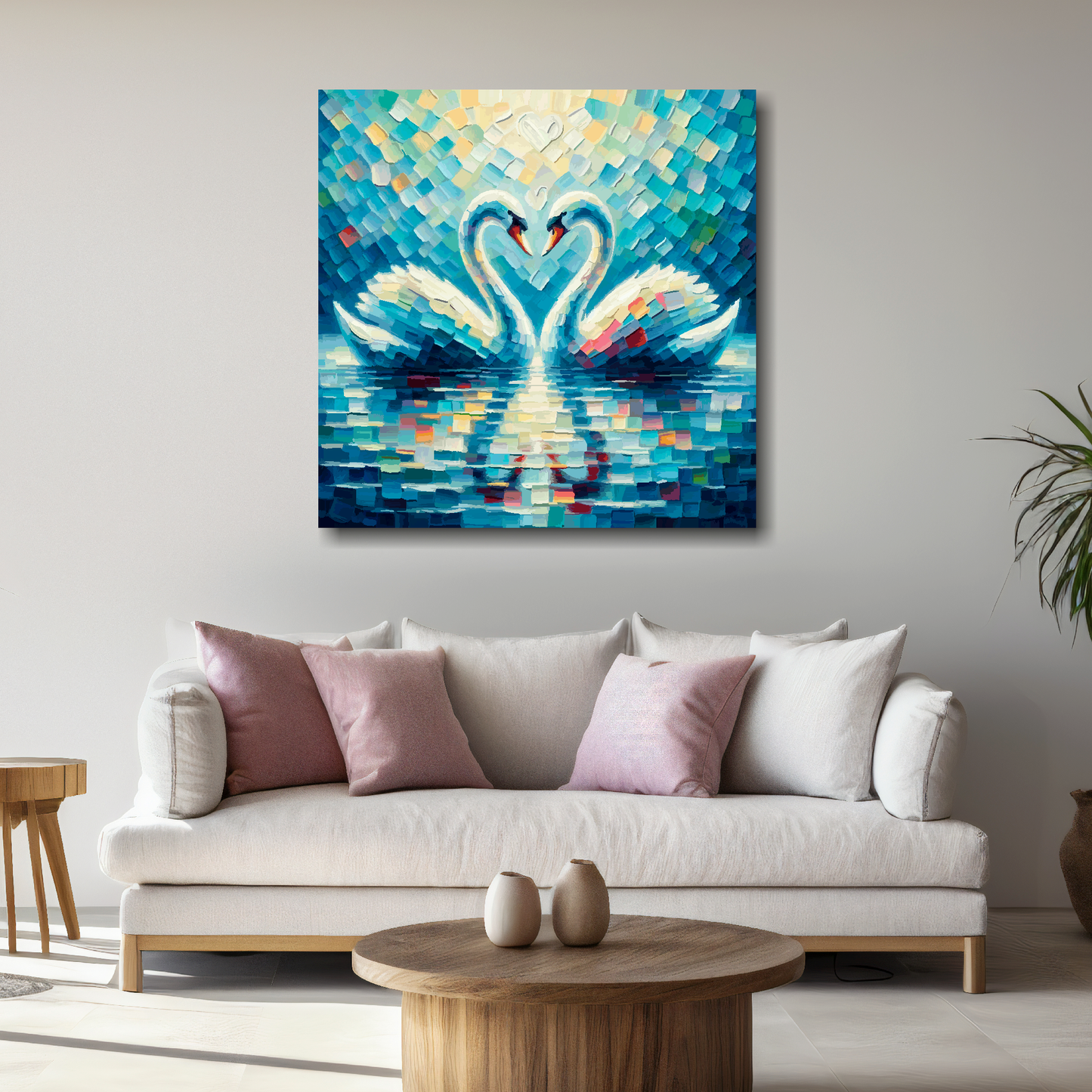 Large canvas wall art - A vibrant multi-coloured painting of two Swans in Love. Available in 3 large sizes.