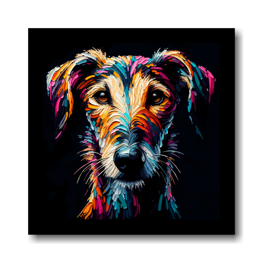 Colourful portrait of a Lurcher dog on a black background.