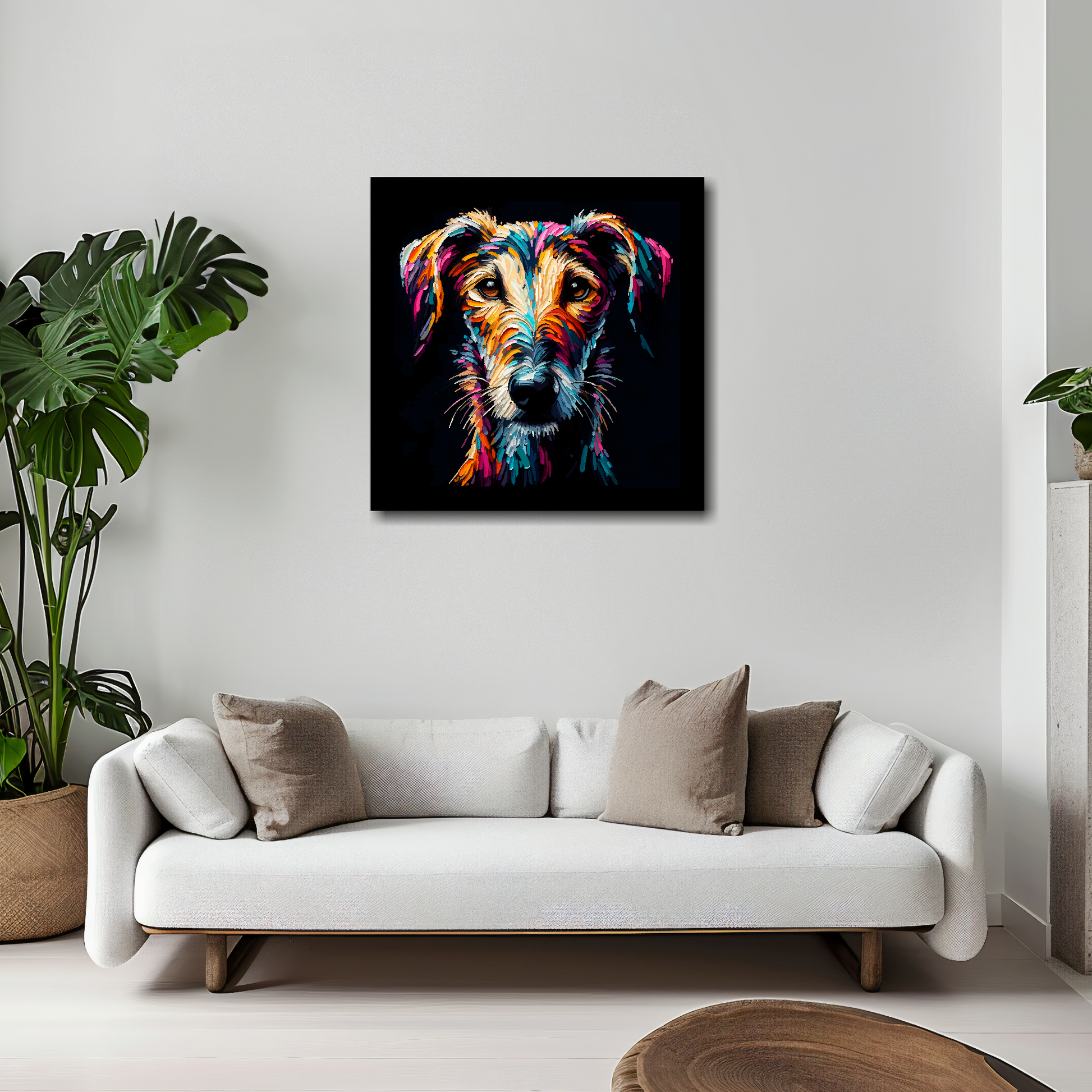 20 inch by 20 inch square canvas featuring a multi-coloured Lurcher dog portrait. Mounted on a white wall above a white sofa with decorative pillows.
