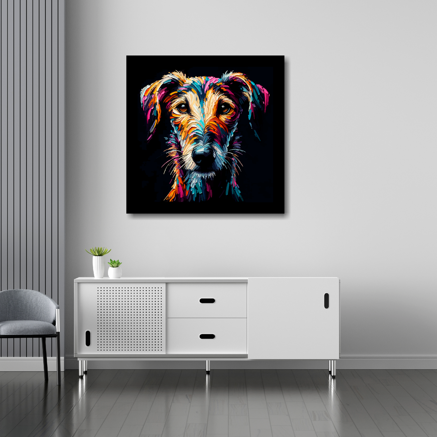 30 inch by 30 inch square canvas featuring a multi-coloured Lurcher dog portrait. Mounted on a white wall above a white sideboard.