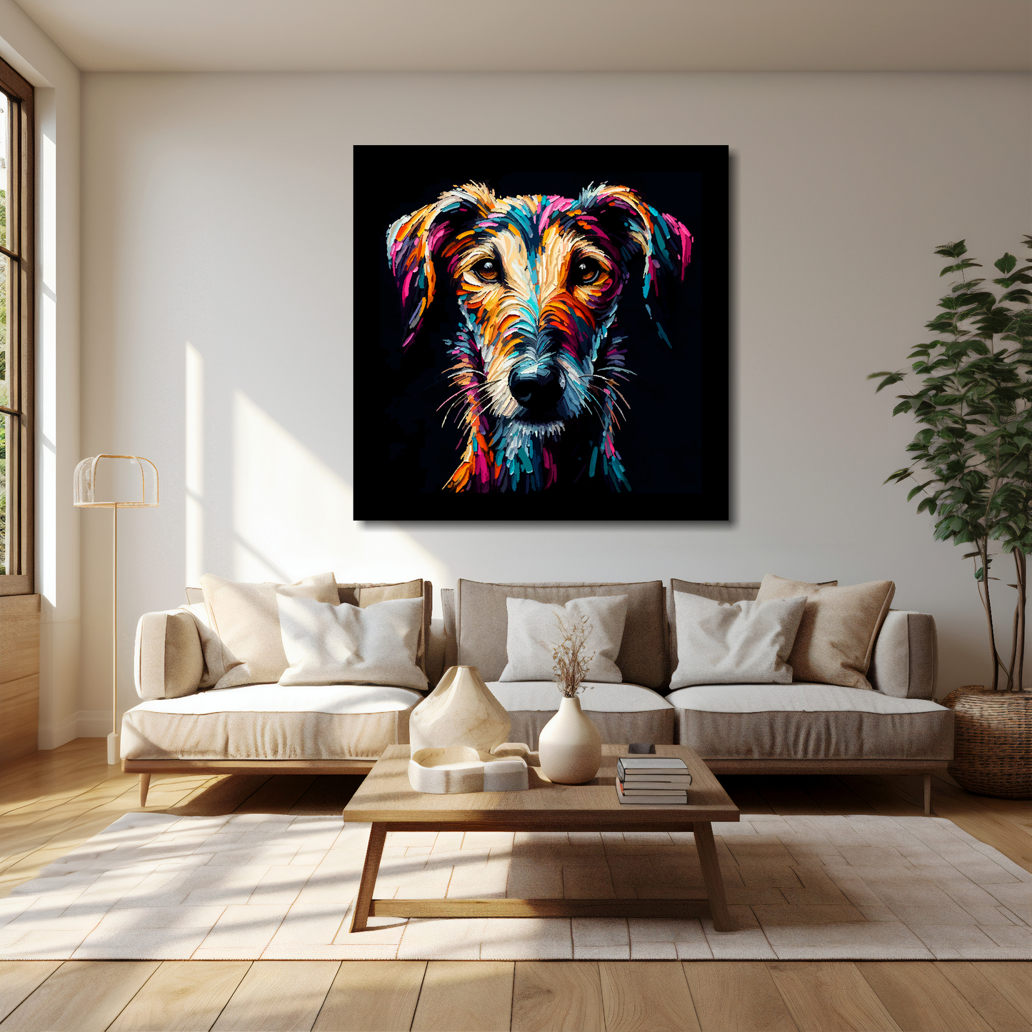 40 inch by 40 inch square canvas featuring a multi-coloured Lurcher dog portrait. Mounted on a cream wall above a cream sofa with decorative pillows.