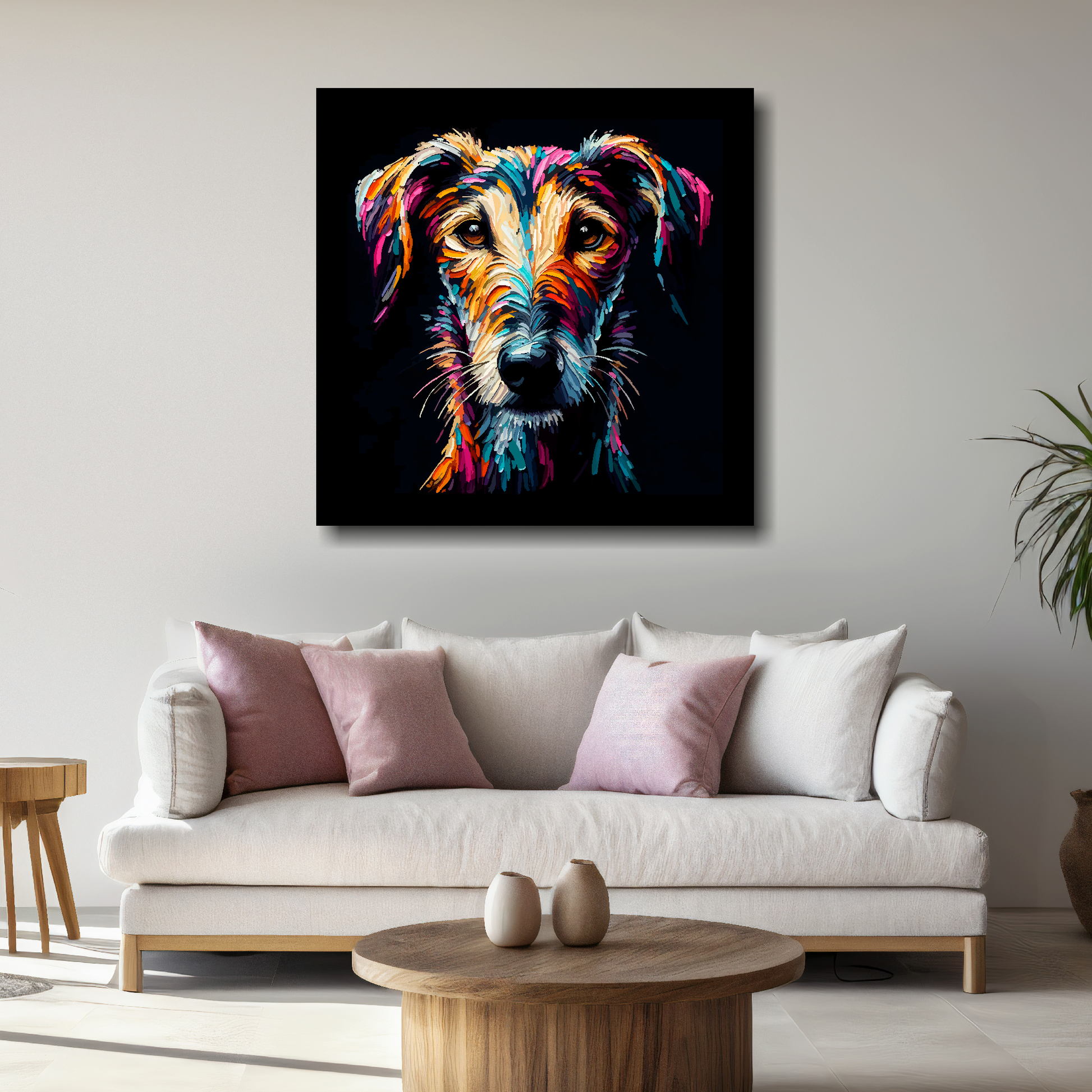 Square canvas featuring a multi-coloured Lurcher dog portrait. Mounted on a white wall above a white sofa with decorative pillows.
