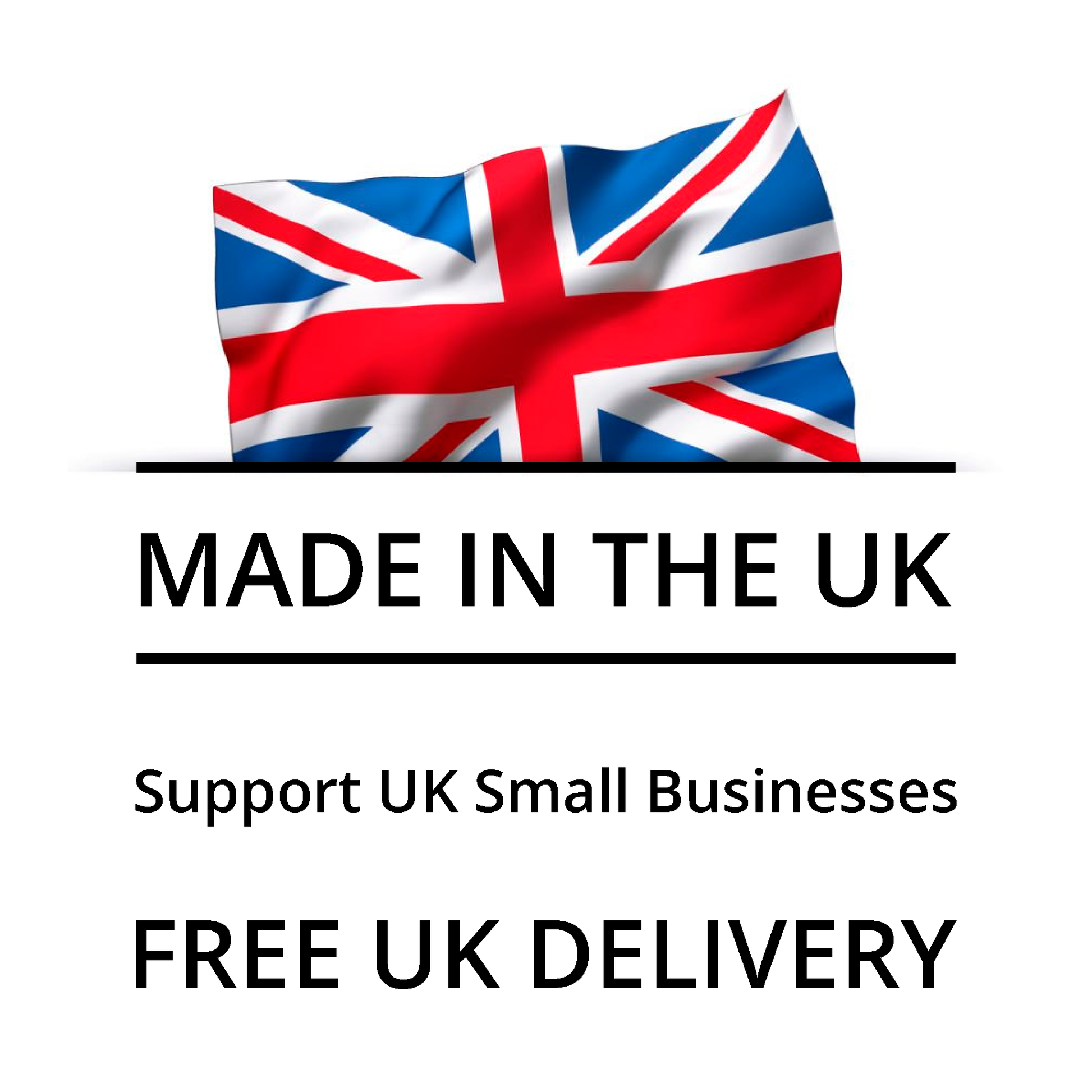 Union Jack flag with 'Made in the UK' text on a white background