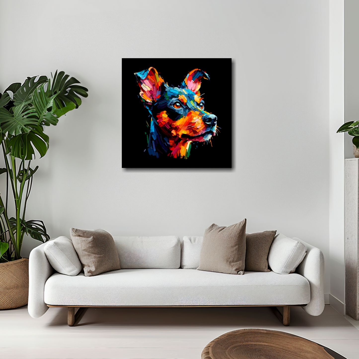20 inch by 20 inch square canvas of a colourful Manchester Terrier head portrait on a black background. Mounted on a white wall above a white sofa with decorative pillows.