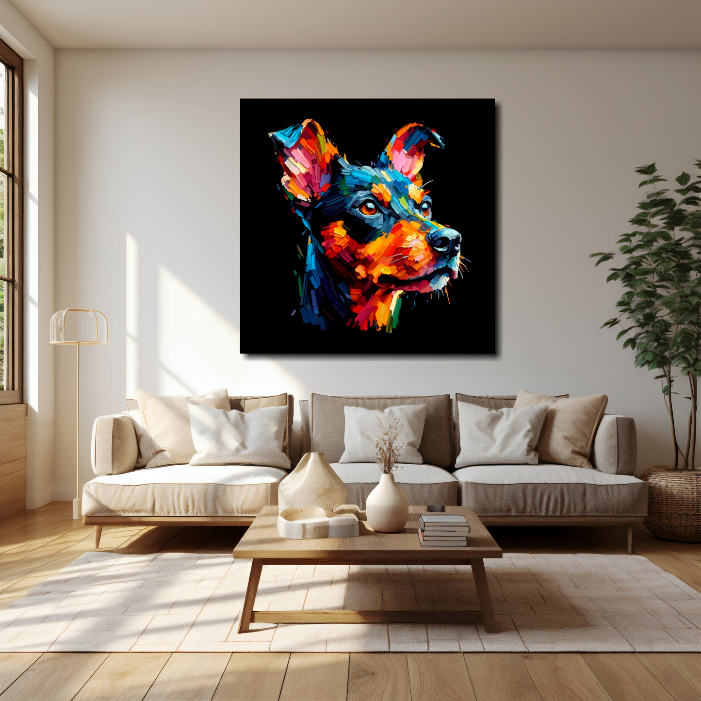 40 inch by 40 inch square canvas of a colourful Manchester Terrier head portrait on a black background. Mounted on a white wall above a cream sofa with decorative pillows.