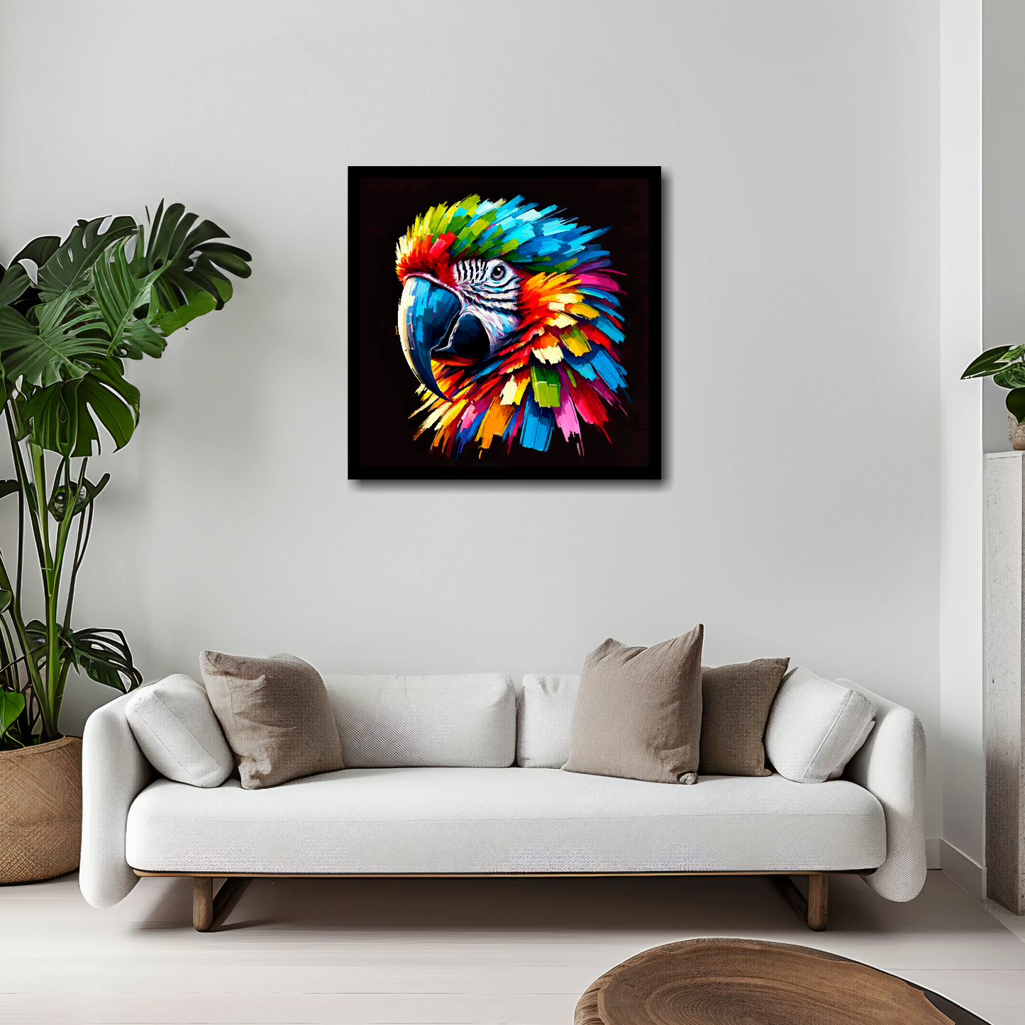 20 inch by 20 inch square canvas of a colourful Macaw Parrot portrait on a black background. Mounted on a white wall above a white sofa with decorative pillows.