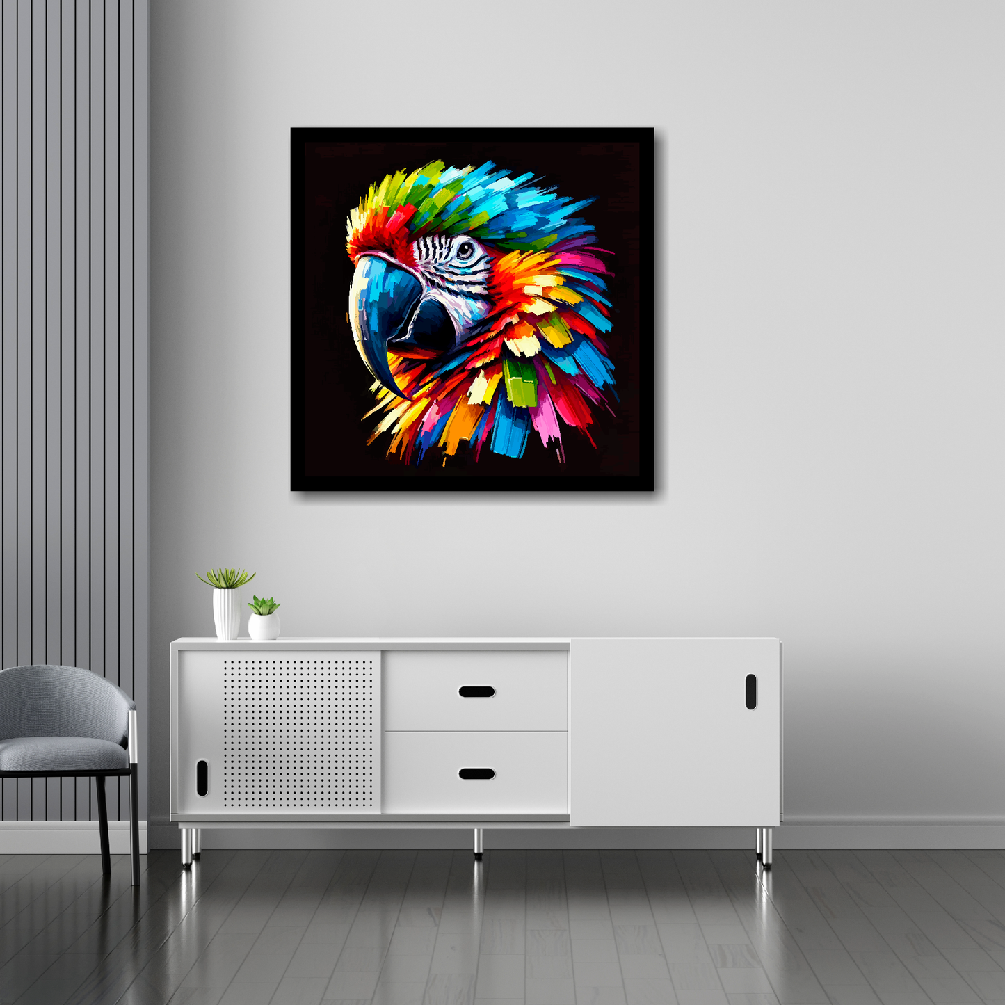 30 inch by 30 inch square canvas of a colourful Macaw Parrot portrait on a black background. Mounted on a white wall above a white sideboard.