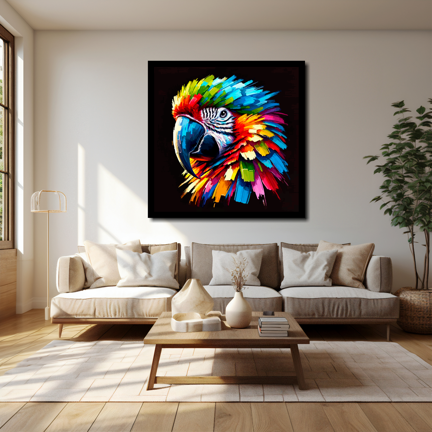 40 inch by 40 inch square canvas of a colourful Macaw Parrot portrait on a black background. Mounted on a white wall above a cream sofa with decorative pillows.