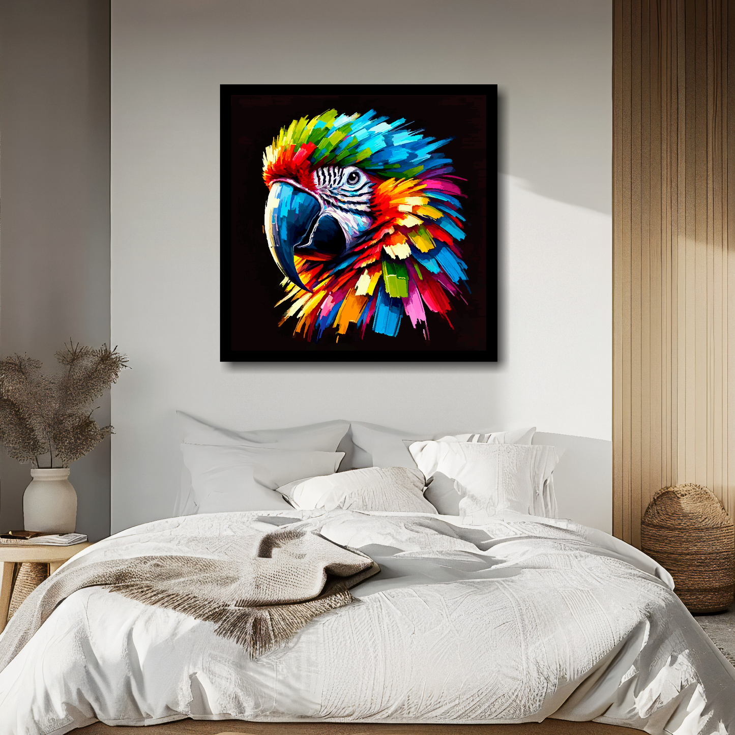 Large canvas wall art - A vibrant multi-coloured head portrait of a Macaw Parrot. Available in 3 large sizes.