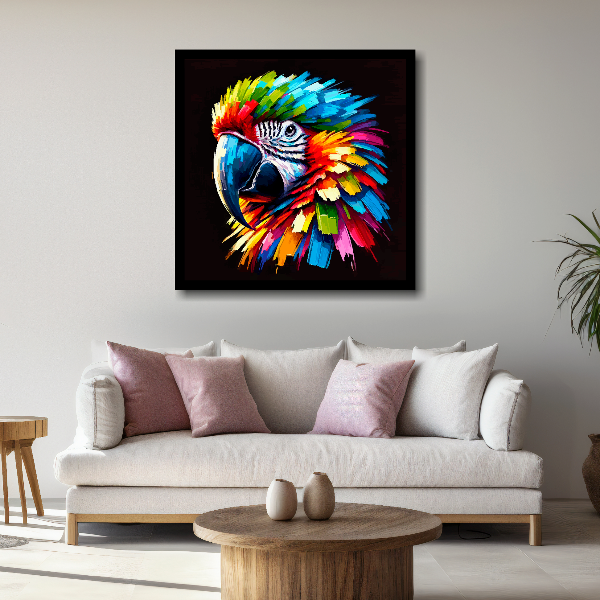 Large canvas wall art - A vibrant multi-coloured head portrait of a Macaw Parrot. Available in 3 large sizes.