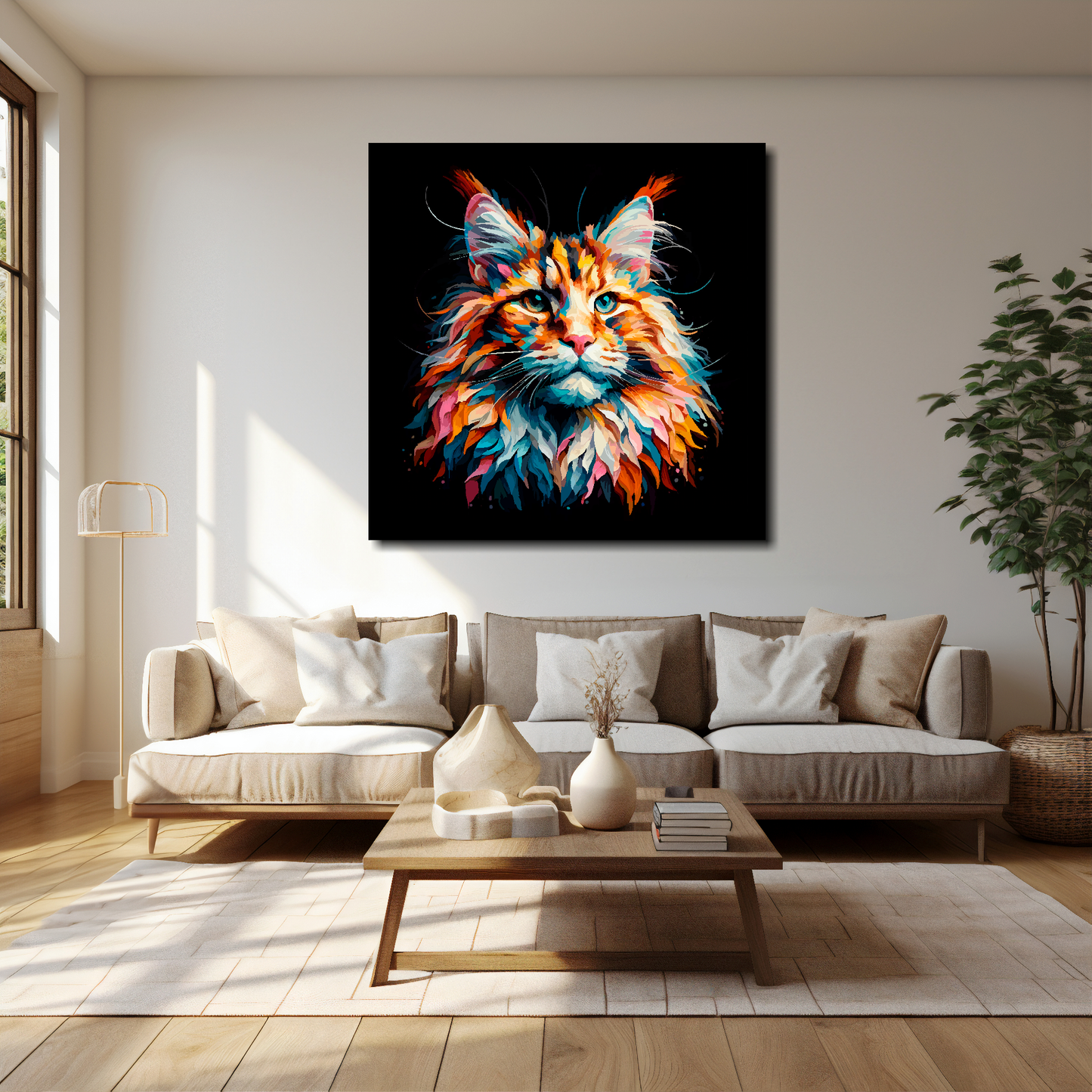 40 inch by 40 inch square canvas of a colourful Maine Coon cat head portrait on a black background. Mounted on a white wall above a cream sofa with decorative pillows.