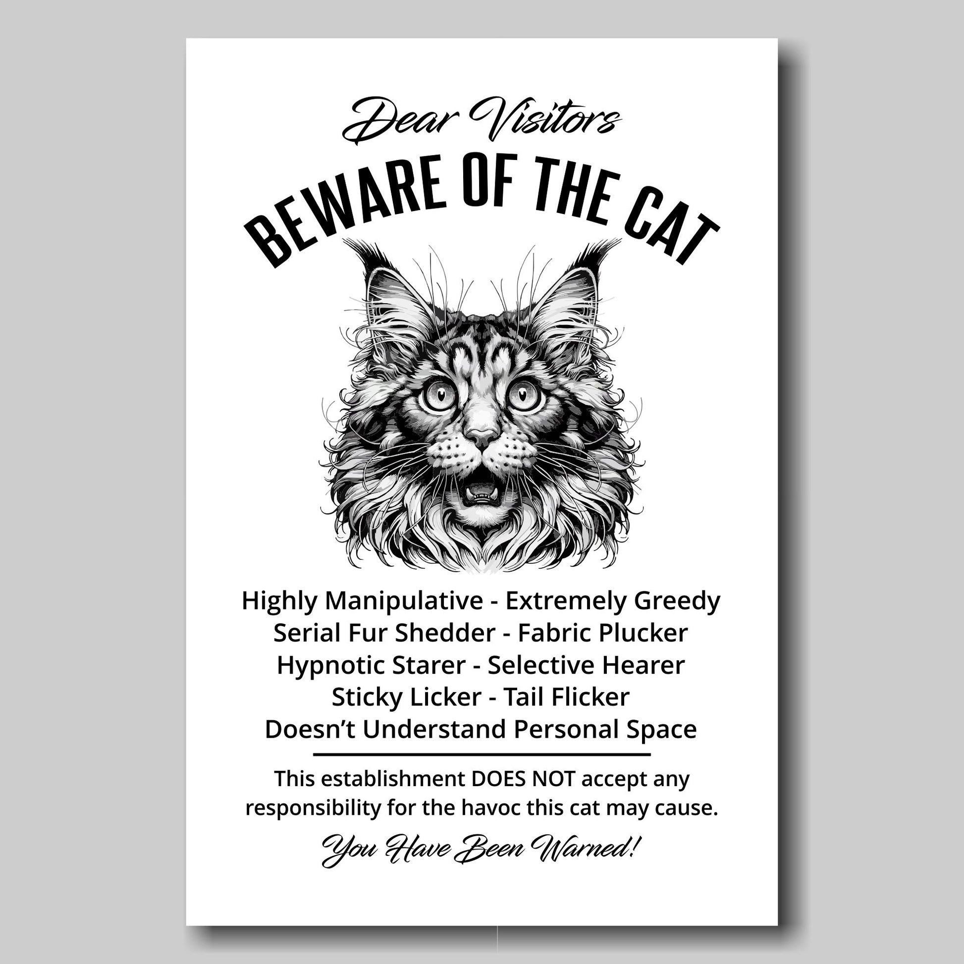 A funny Maine Coon 'Beware of the Cat' disclaimer notice. Black text and dog image on a white background. Available in 4 Canvas sizes. A great gift for cat owners.