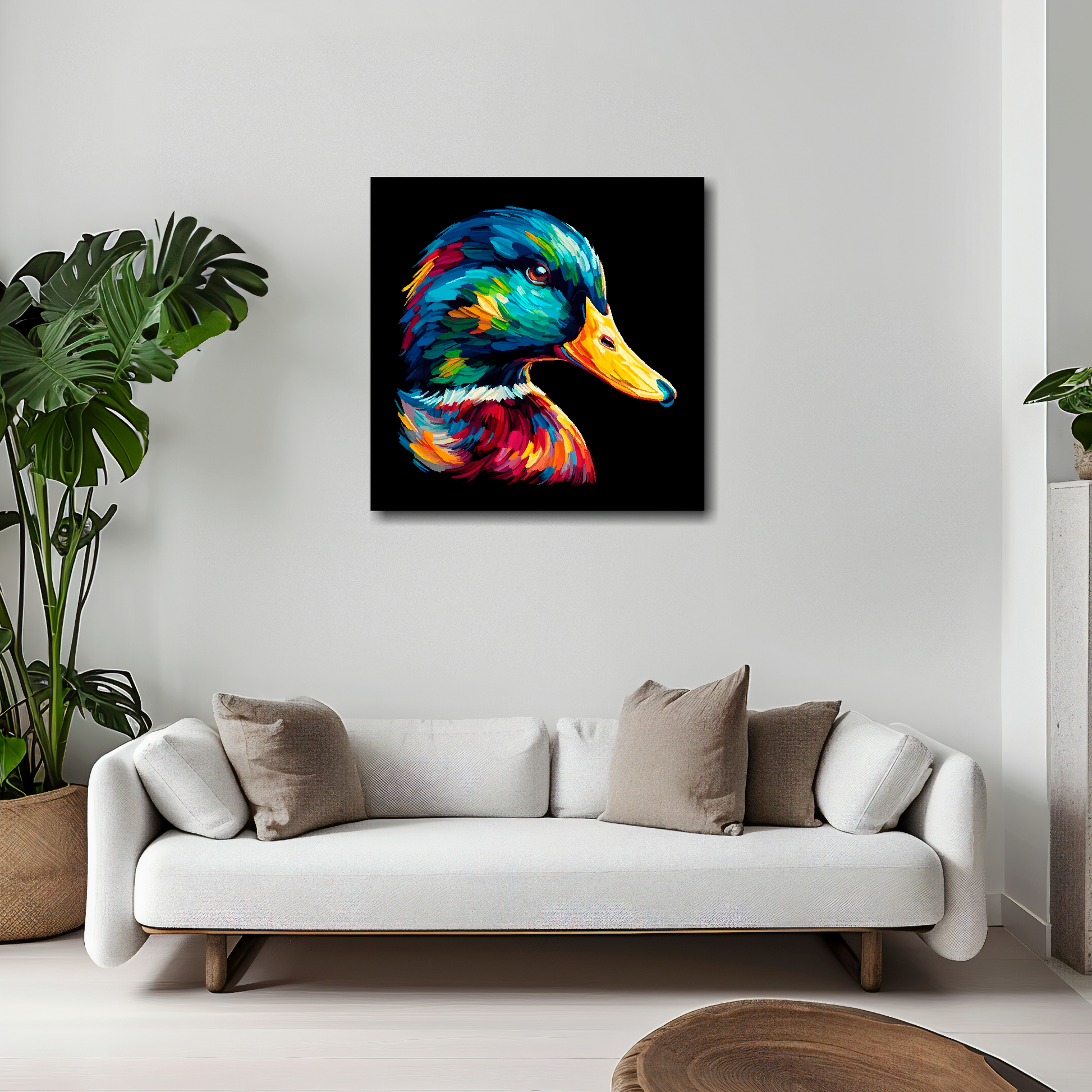 20 inch by 20 inch square canvas of a colourful Mallard Duck portrait on a black background. Mounted on a white wall above a white sofa with decorative pillows.