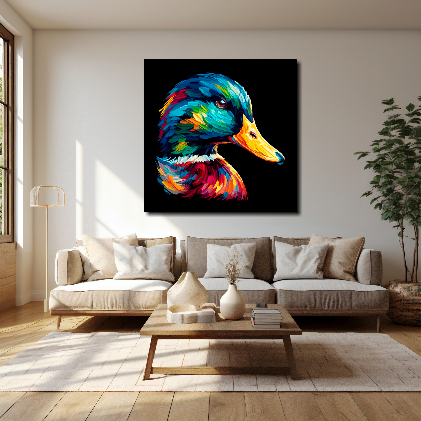 40 inch by 40 inch square canvas of a colourful Mallard Duck portrait on a black background. Mounted on a white wall above a cream sofa with decorative pillows.