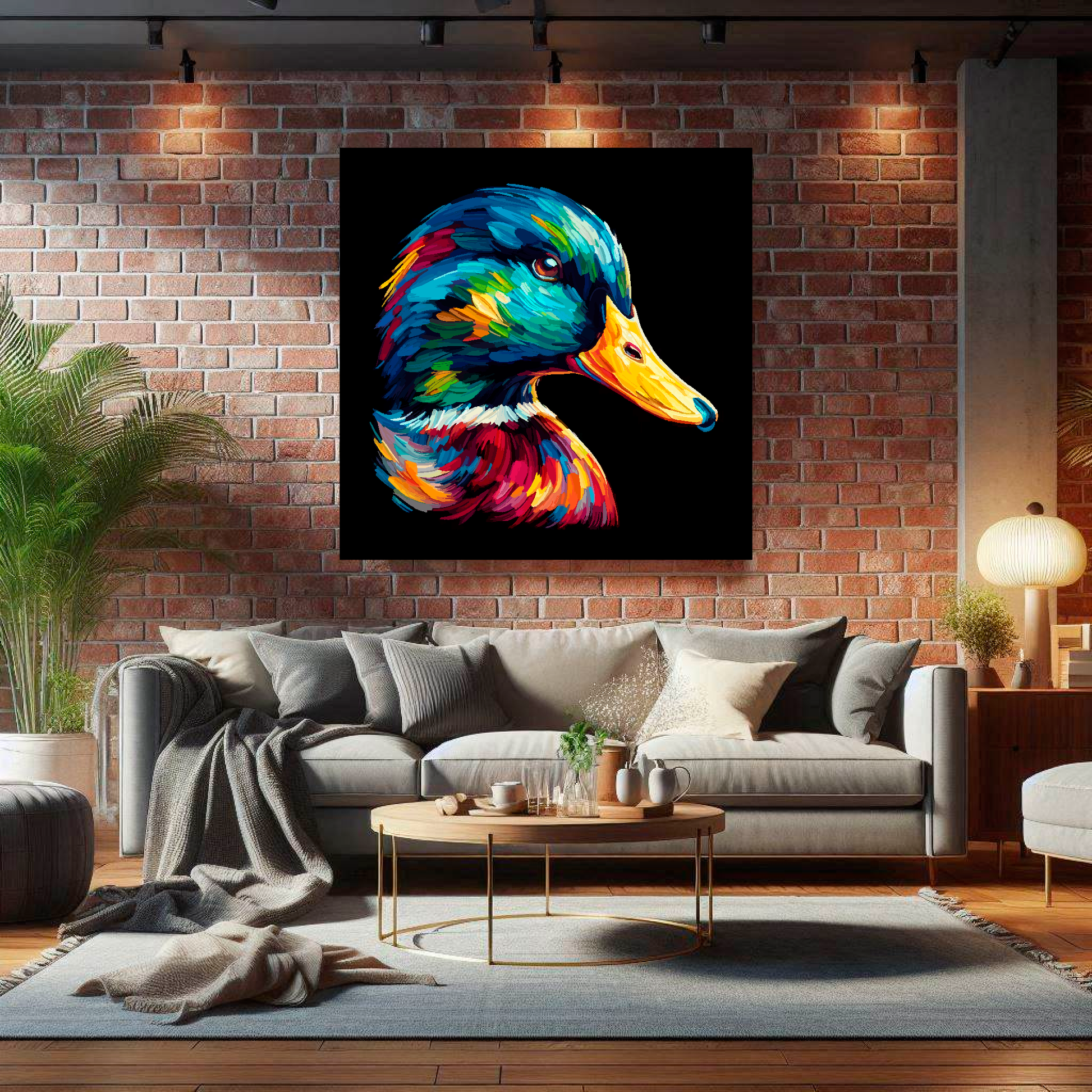 Large canvas wall art - A vibrant multi-coloured head portrait of a Mallard Duck. Available in 3 large sizes.
