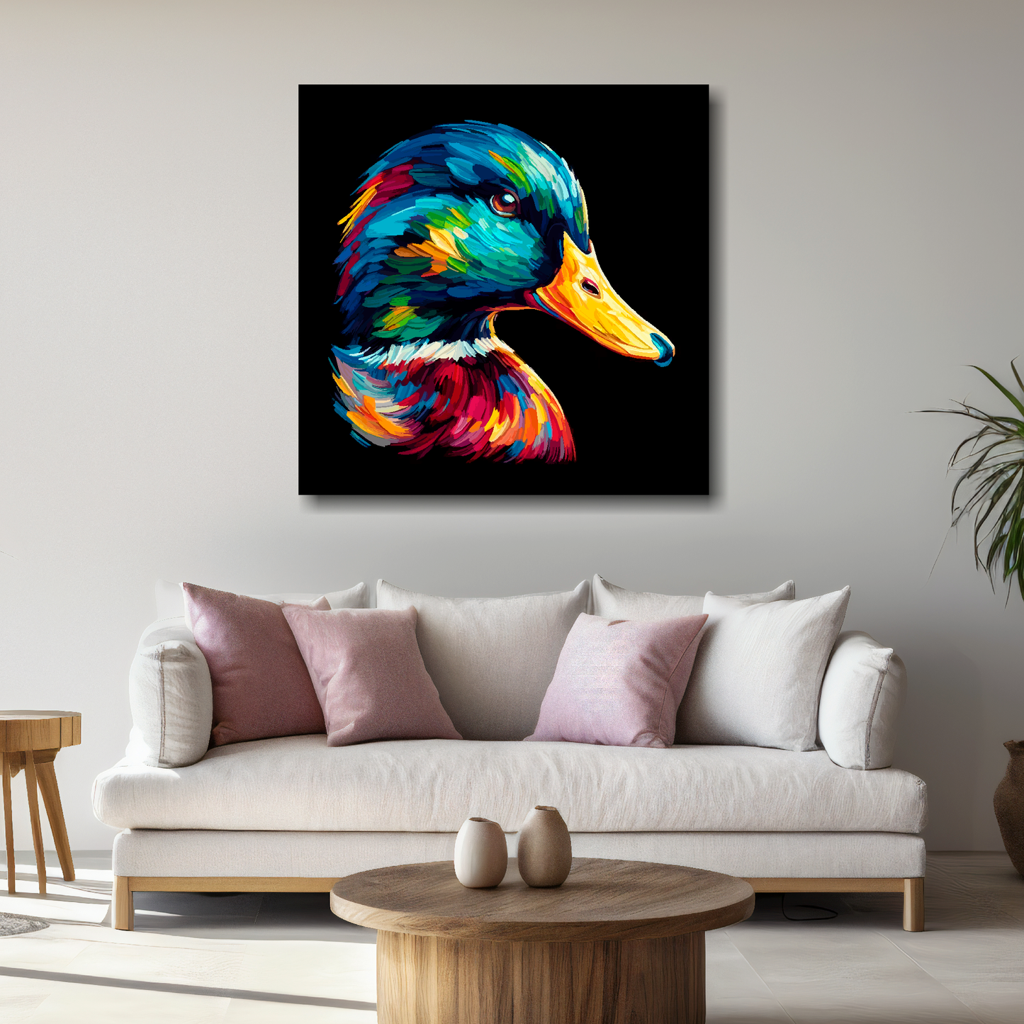 Large canvas wall art - A vibrant multi-coloured head portrait of a Mallard Duck. Available in 3 large sizes.