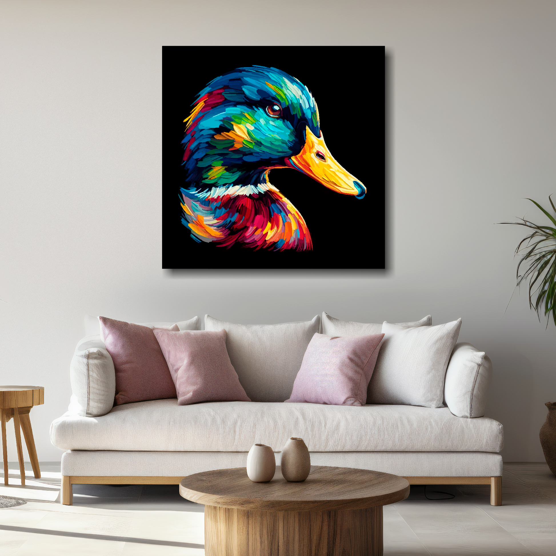 Large canvas wall art - A vibrant multi-coloured head portrait of a Mallard Duck. Available in 3 large sizes.