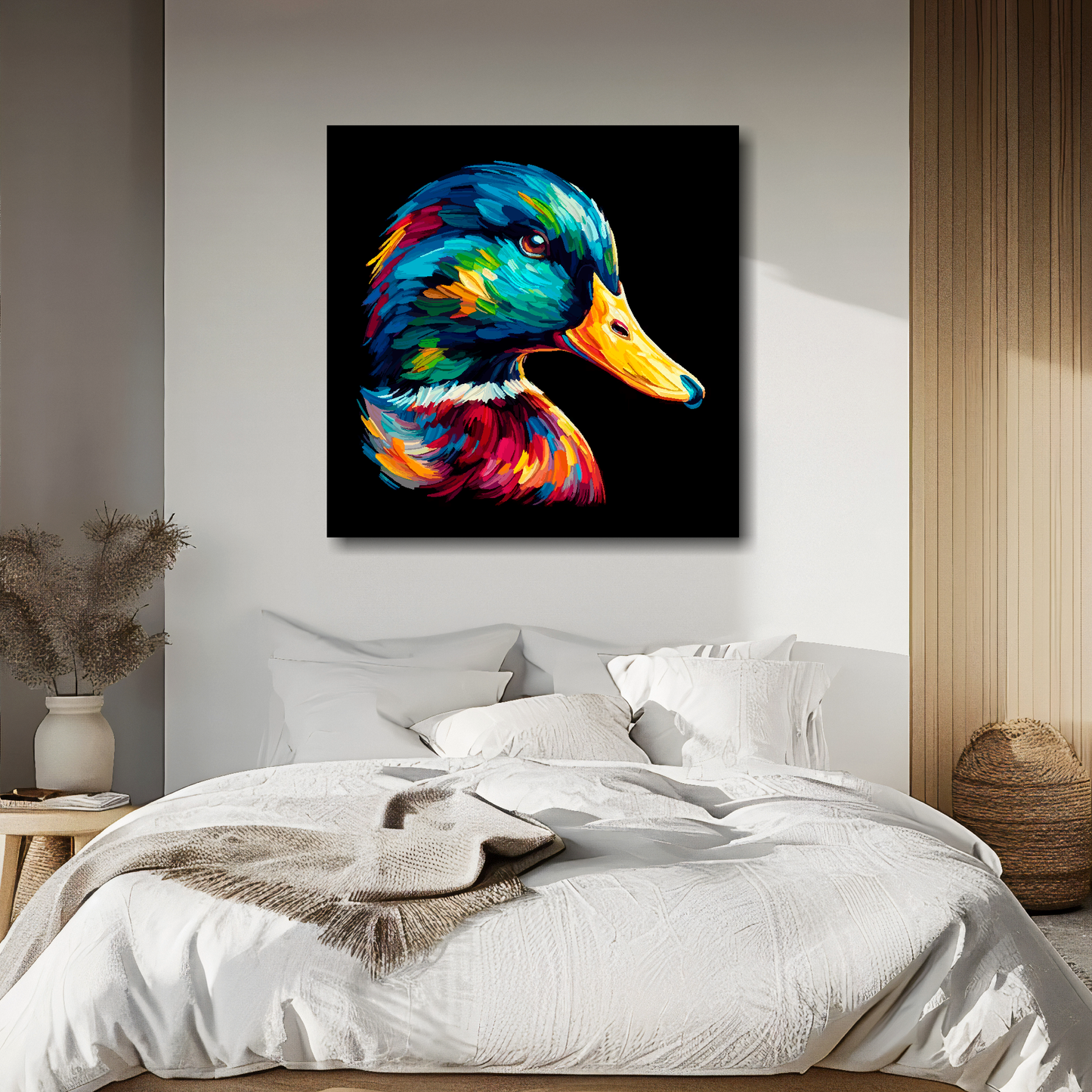Large canvas wall art - A vibrant multi-coloured head portrait of a Mallard Duck. Available in 3 large sizes.