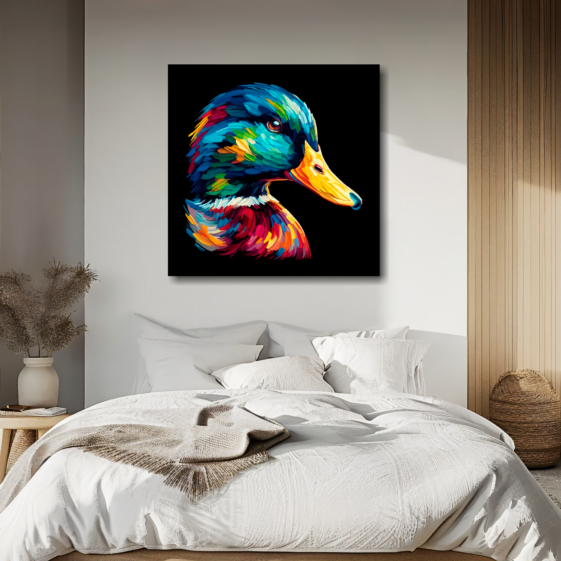 Large canvas wall art - A vibrant multi-coloured head portrait of a Mallard Duck. Available in 3 large sizes.