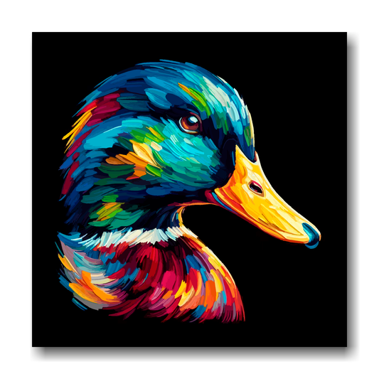 Large canvas wall art - A vibrant multi-coloured head portrait of a Mallard Duck. Available in 3 large sizes.