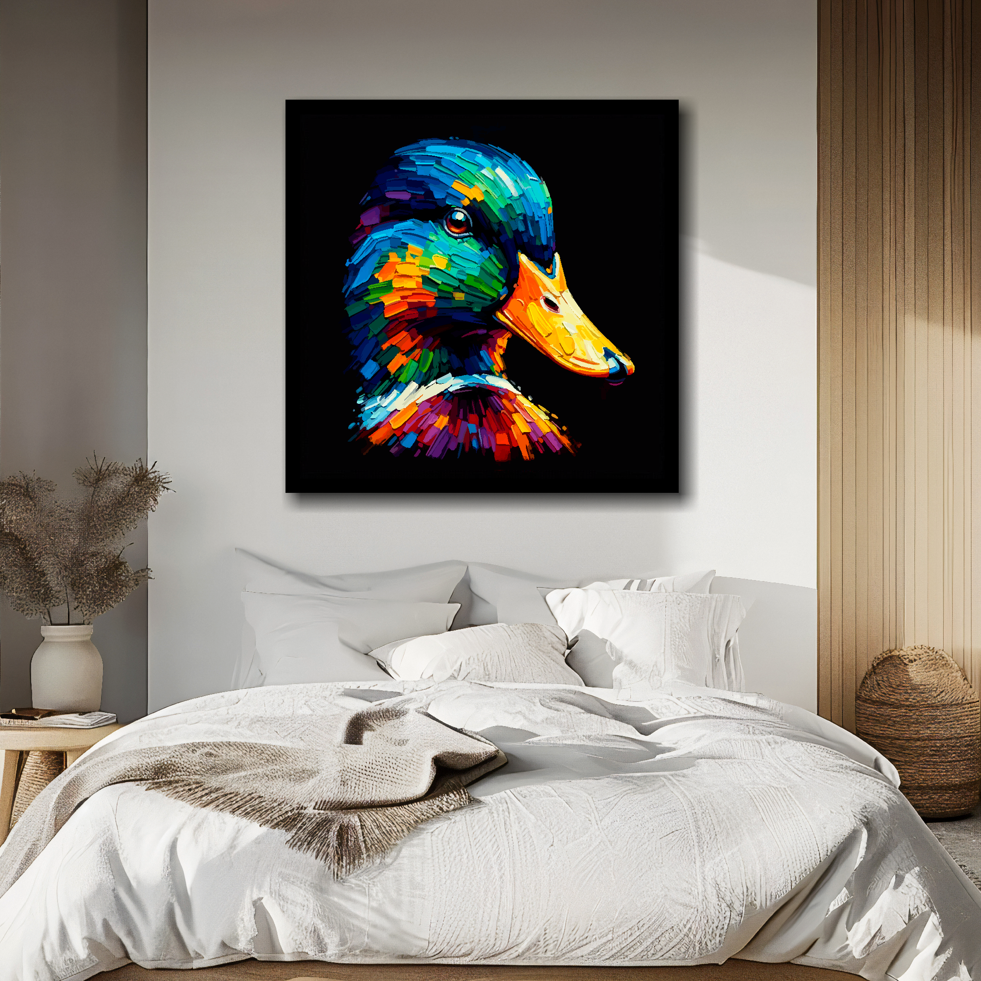 Large canvas wall art - Colourful Mallard duck portrait on a black background. Available in 3 large sizes.