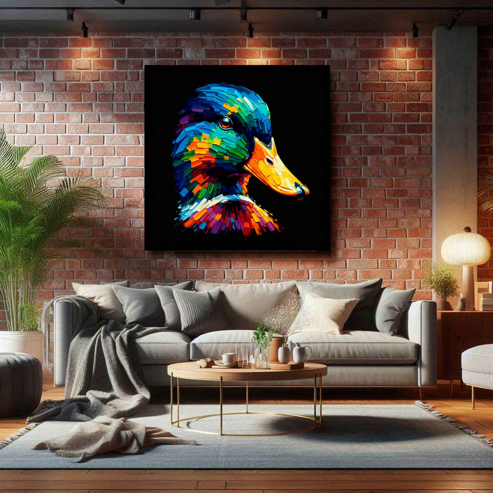 Large canvas wall art - Colourful Mallard duck portrait on a black background. Available in 3 large sizes.