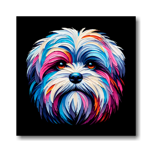 Colourful Malshi dog illustration on a black background.
