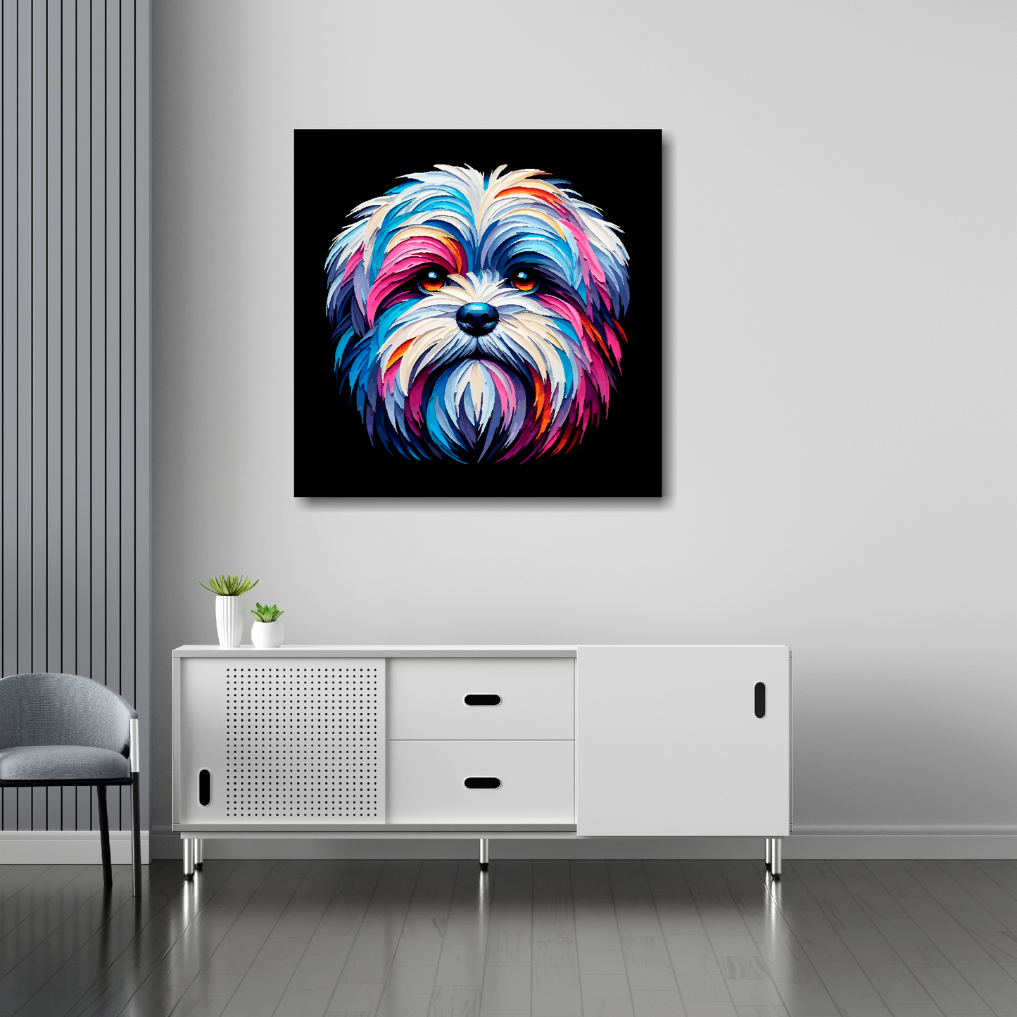 30 inch by 30 inch canvas print featuring a multi-coloured Malshi dog portrait. Mounted on a white wall above a white sideboard.