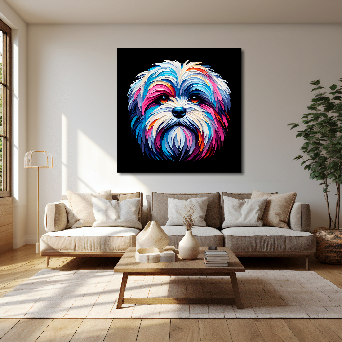 40 inch by 40 inch canvas print featuring a multi-coloured Malshi dog portrait. Mounted on a cream wall above a cream sofa with decorative pillows.