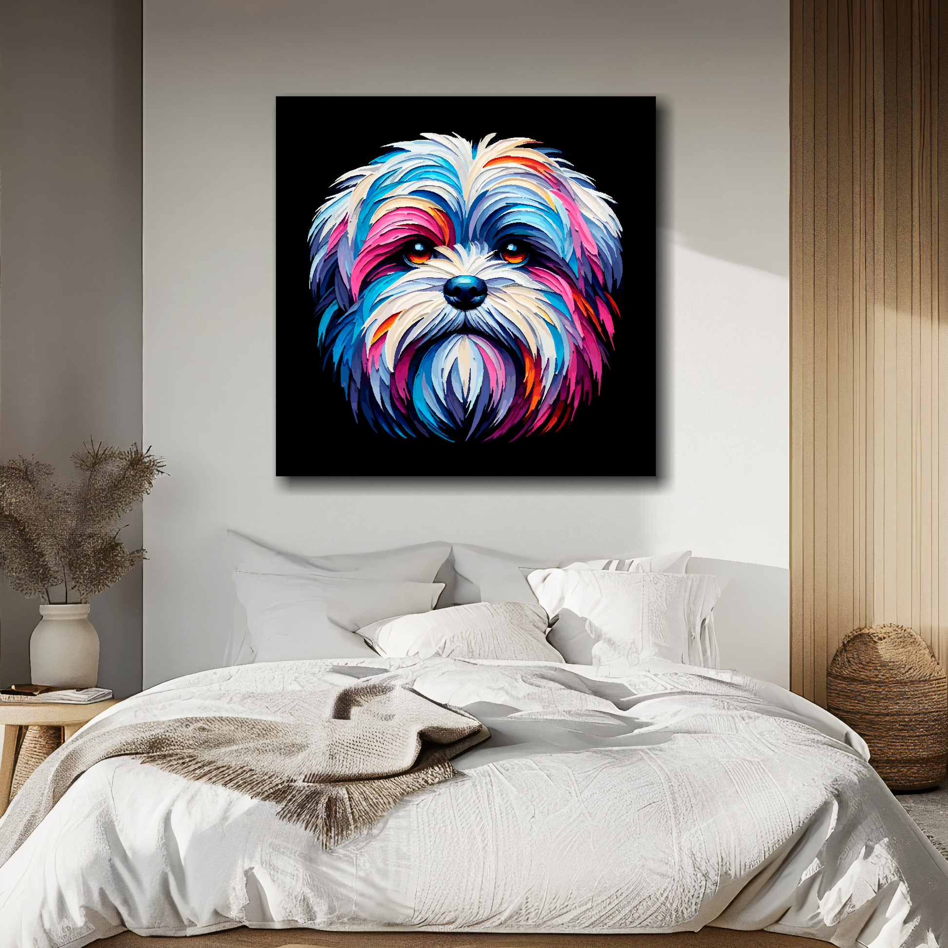 Canvas print featuring a multi-coloured Malshi dog portrait. Mounted on a white wall above a double bed.